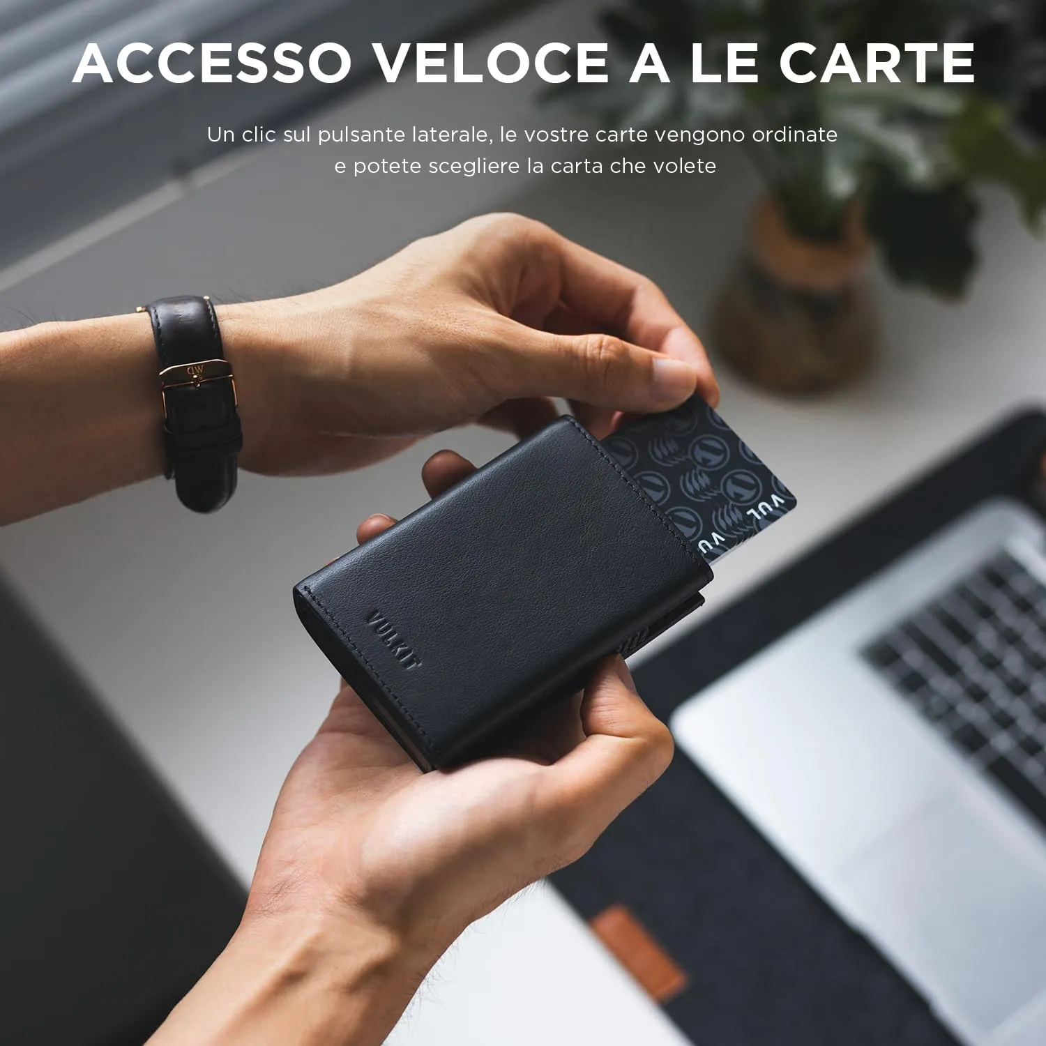 VULKIT Porta Carte Pop-up in Pelle di Vacchetta Pieno Fiore con Blocco RFID, Scomparto per Banconote, Finestra per Documenti e Tasca Porta Monete - immagine 2