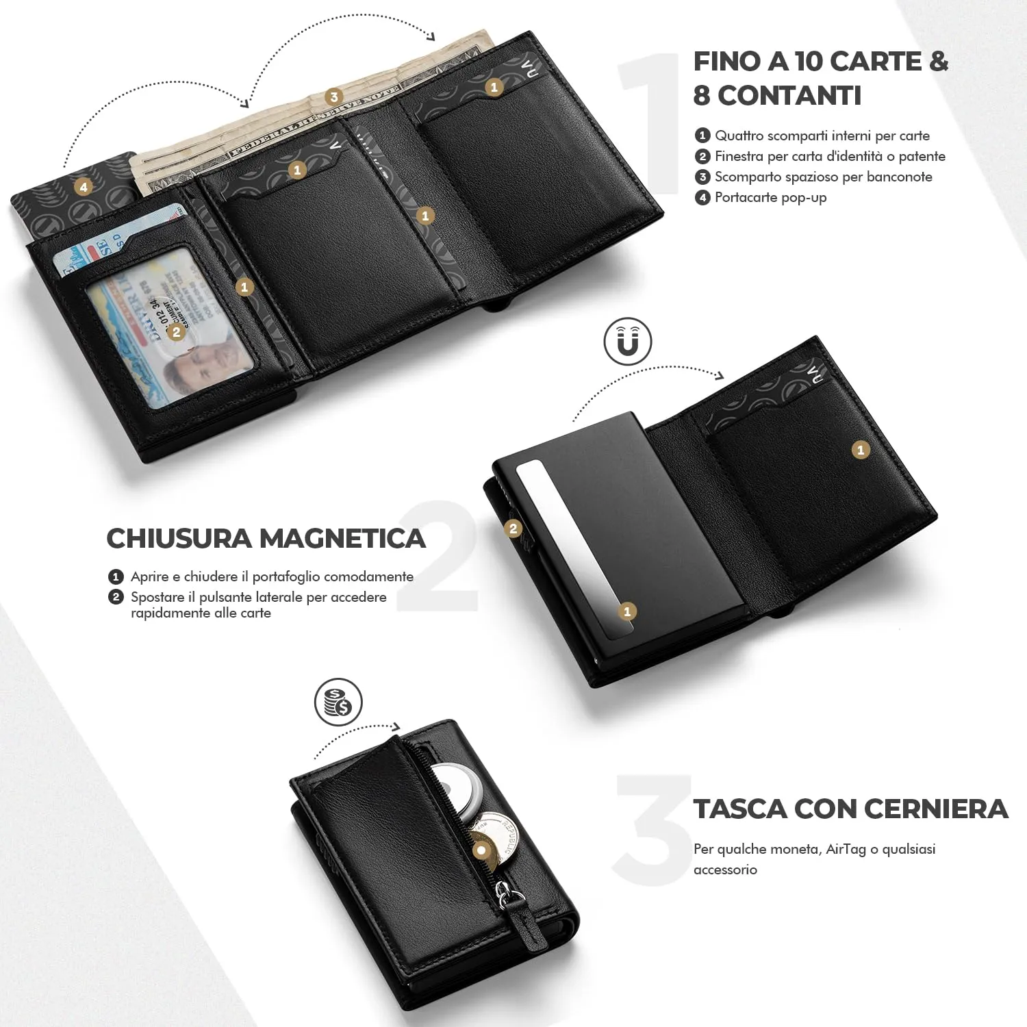 VULKIT Porta Carte Pop-up in Pelle di Vacchetta Pieno Fiore con Blocco RFID, Scomparto per Banconote, Finestra per Documenti e Tasca Porta Monete - immagine 3
