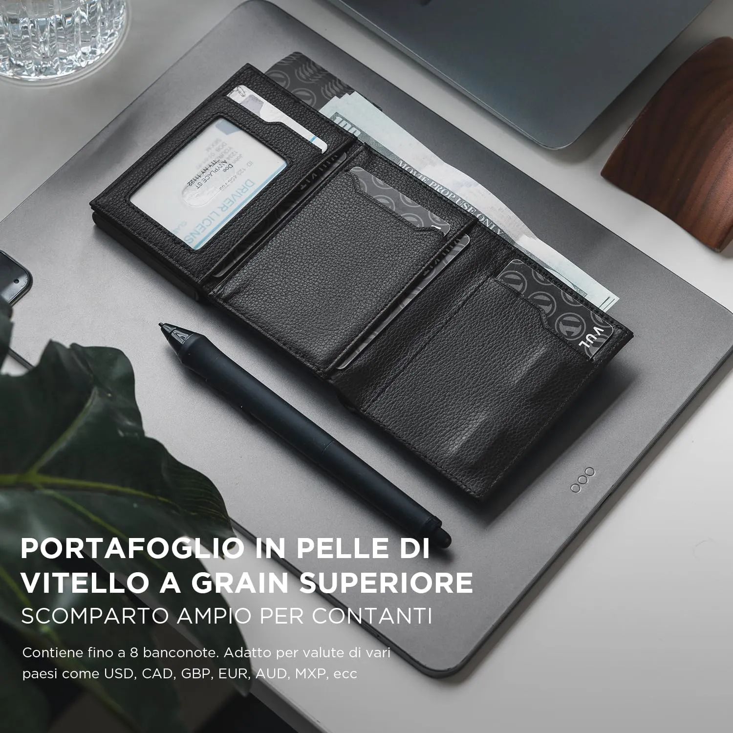 VULKIT Porta Carte Pop-up in Pelle di Vacchetta Pieno Fiore con Blocco RFID, Scomparto per Banconote, Finestra per Documenti e Tasca Porta Monete - immagine 4
