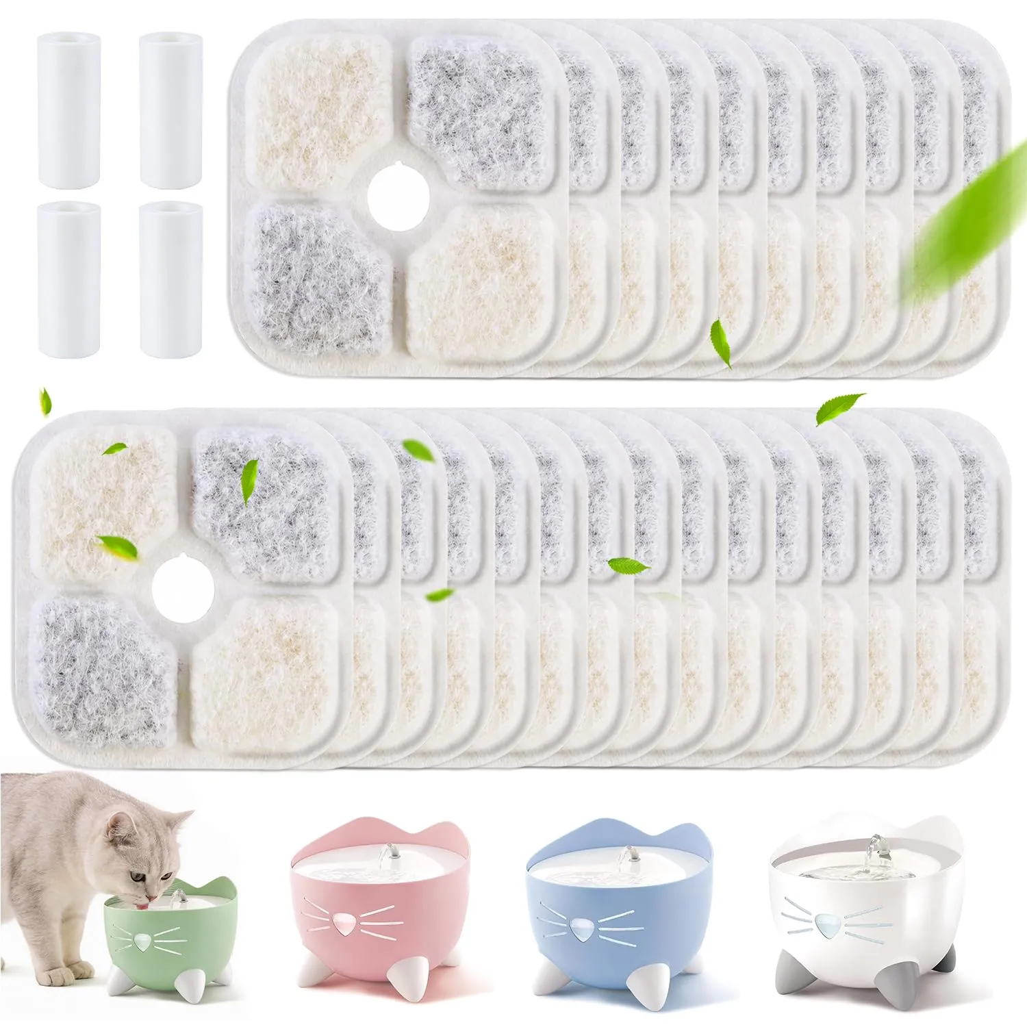 puiaxod Cartucce Filtro per Fontanelle per Gatti, Compatibili con Catit Pixi, Set di 25 Filtri a Carbone Attivo e 4 Tubi - immagine 1