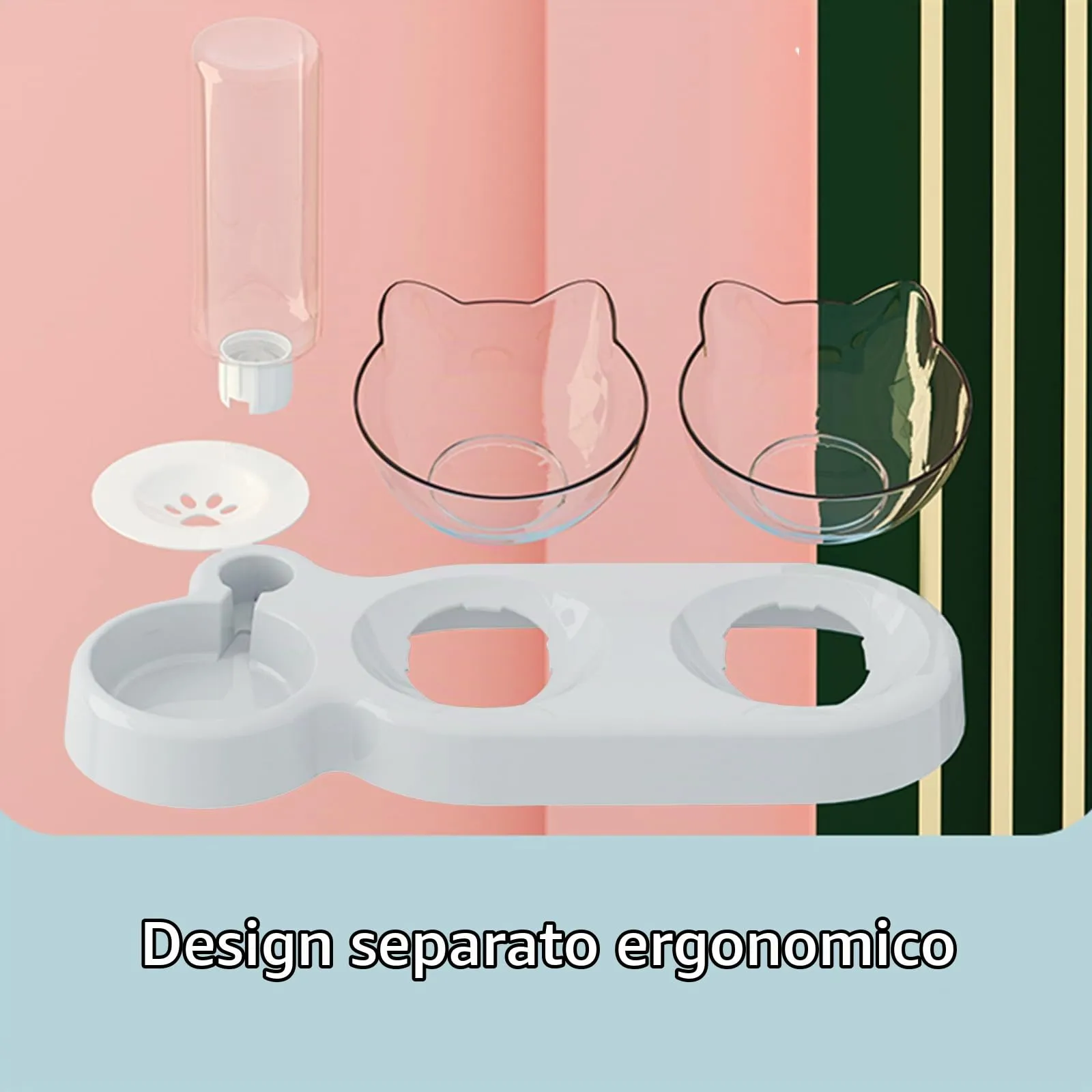 Marchul Ciotole per gatti, Ciotola per acqua e cibo a gravità, Inclinata 15°, Rialzata con bottiglia d'acqua automatica - immagine 6