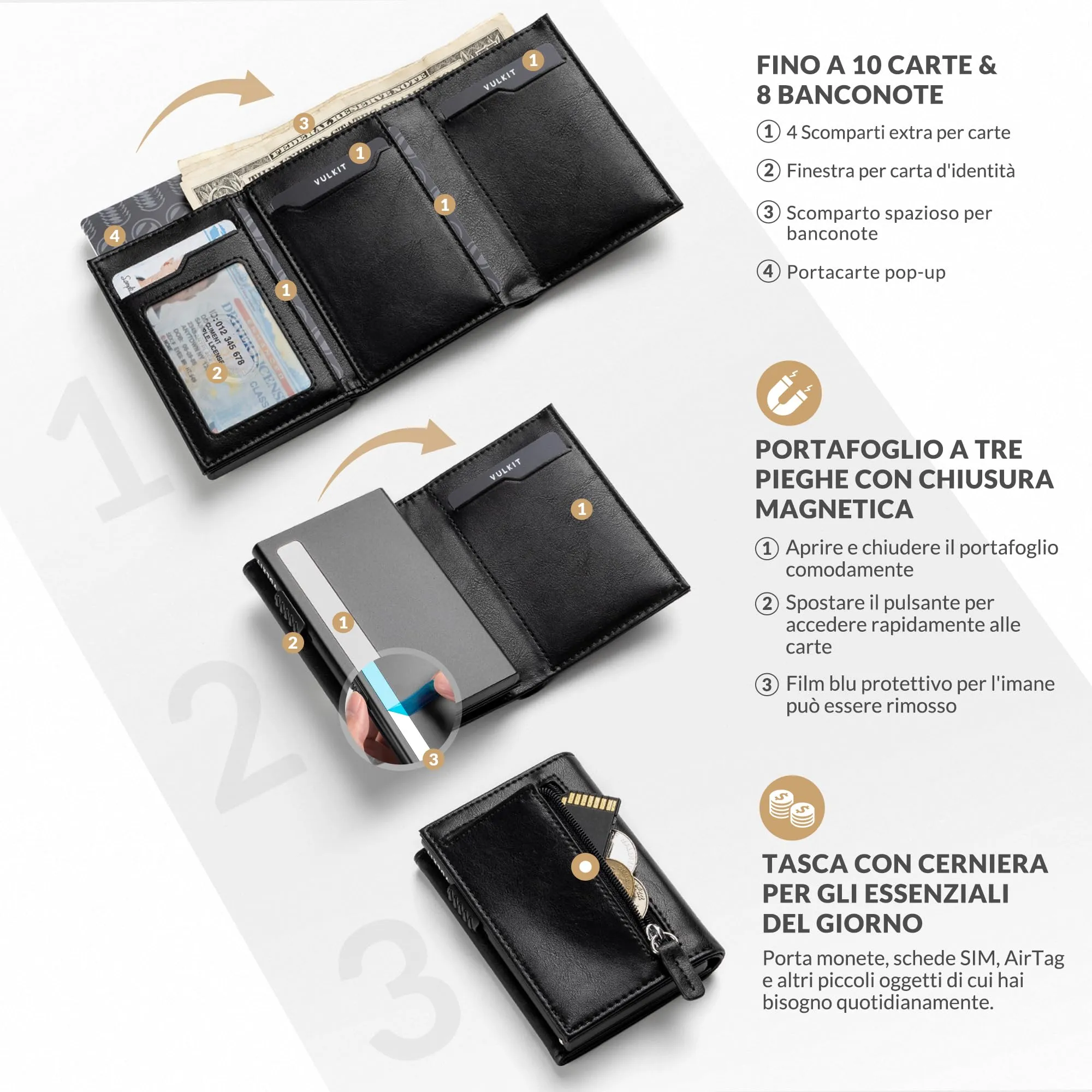 VULKIT Portafoglio Slim Portacarte in Pelle con Protezione RFID e Porta Monete - VC302 Black - immagine 2