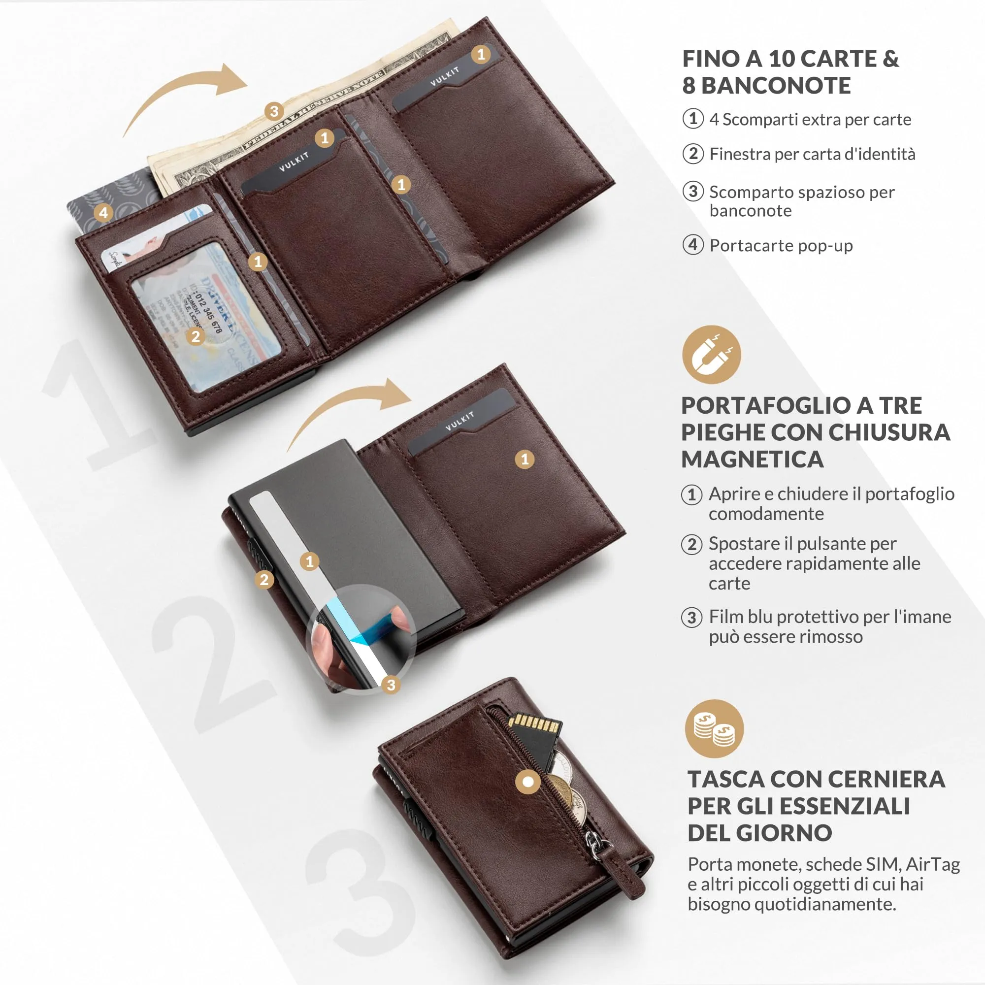 VULKIT Portafoglio Slim Portacarte in Pelle con Protezione RFID e Porta Monete - immagine 2