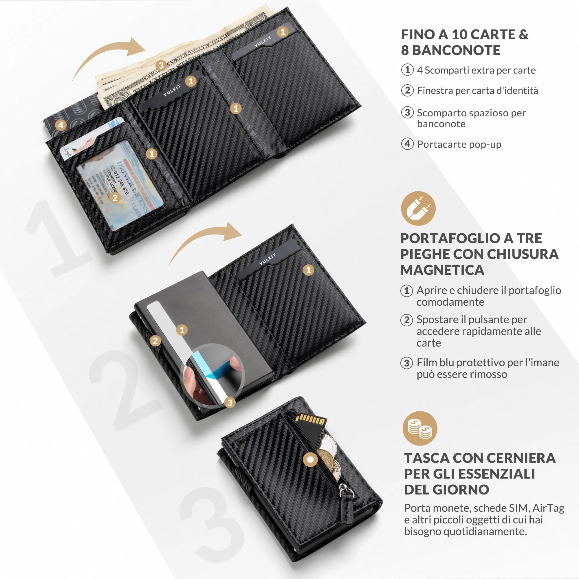 VULKIT Portafoglio Porta Carte Pop Up in Vera Pelle RFID VC302 con Scomparto Banconote e Tasca Monete - immagine 2