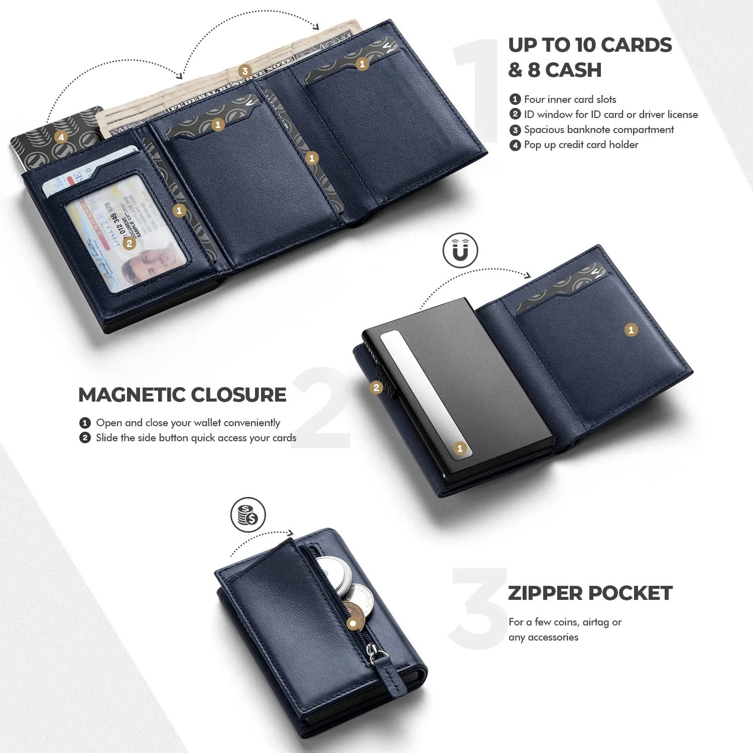 VULKIT Porta Carte Pop-up in Pelle di Vacchetta Pieno Fiore con Blocco RFID, Scomparto Banconote e Tasca Porta Monete - immagine 2