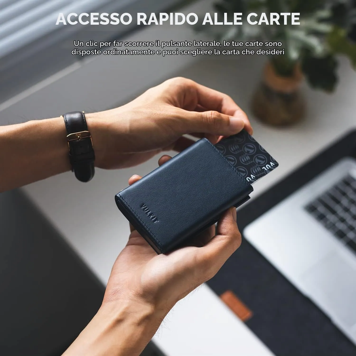 VULKIT Porta Carte Pop-up in Pelle di Vacchetta Pieno Fiore con Blocco RFID, Scomparto Banconote e Tasca Porta Monete - immagine 3