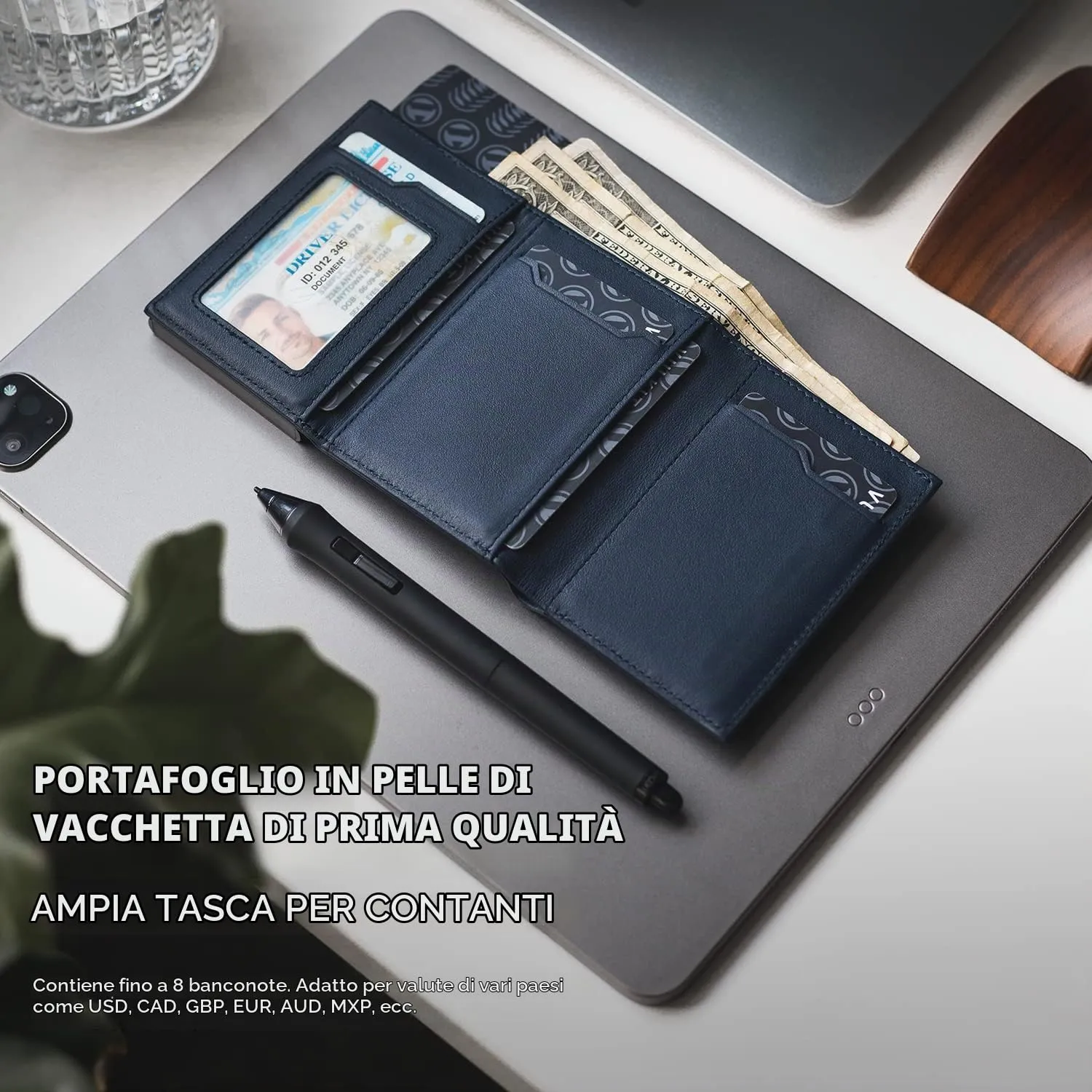VULKIT Porta Carte Pop-up in Pelle di Vacchetta Pieno Fiore con Blocco RFID, Scomparto Banconote e Tasca Porta Monete - immagine 4