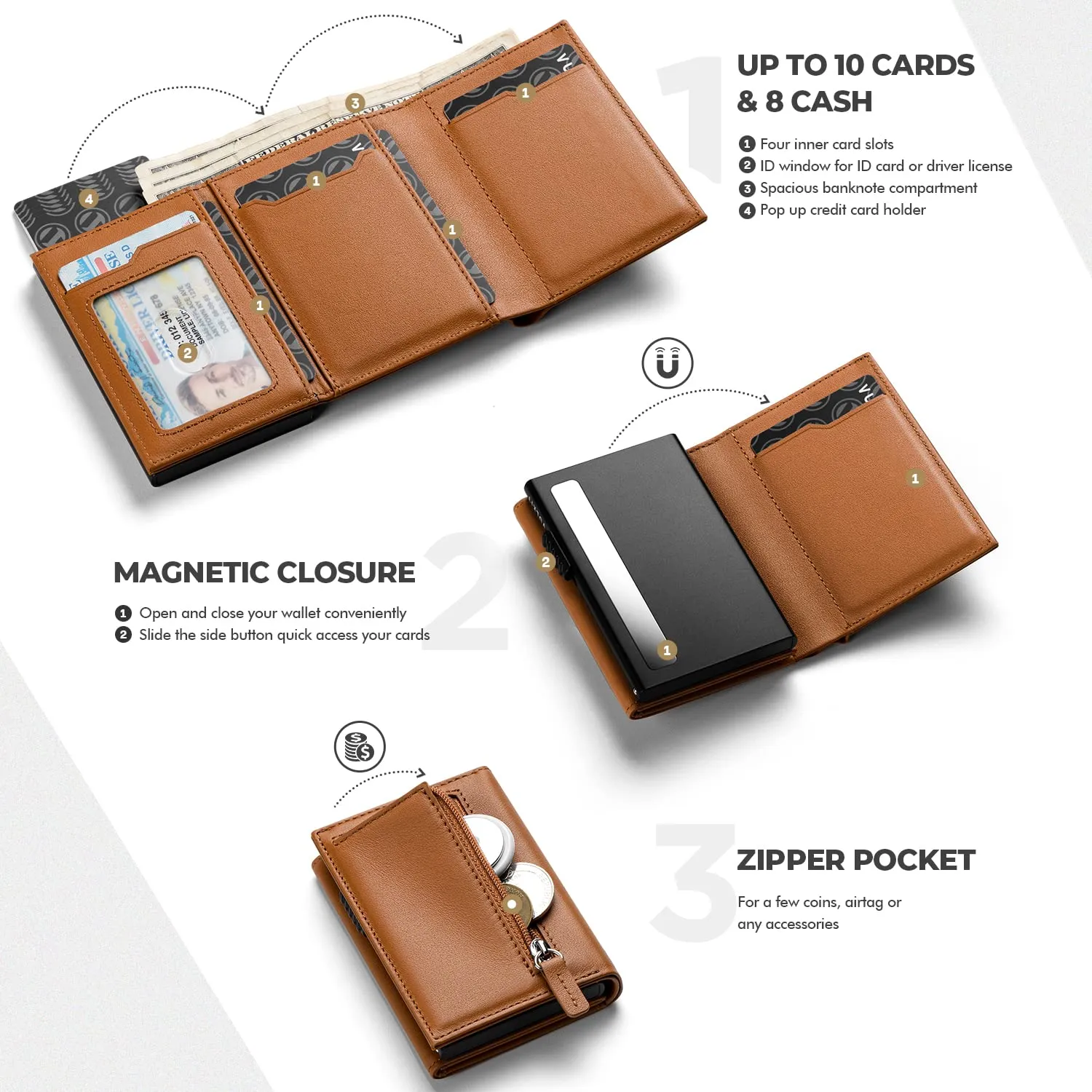 VULKIT Porta Carte Pop-up in Pelle di Vacchetta Pieno Fiore con Blocco RFID, Scomparto Banconote e Chiusura Magnetica - immagine 2