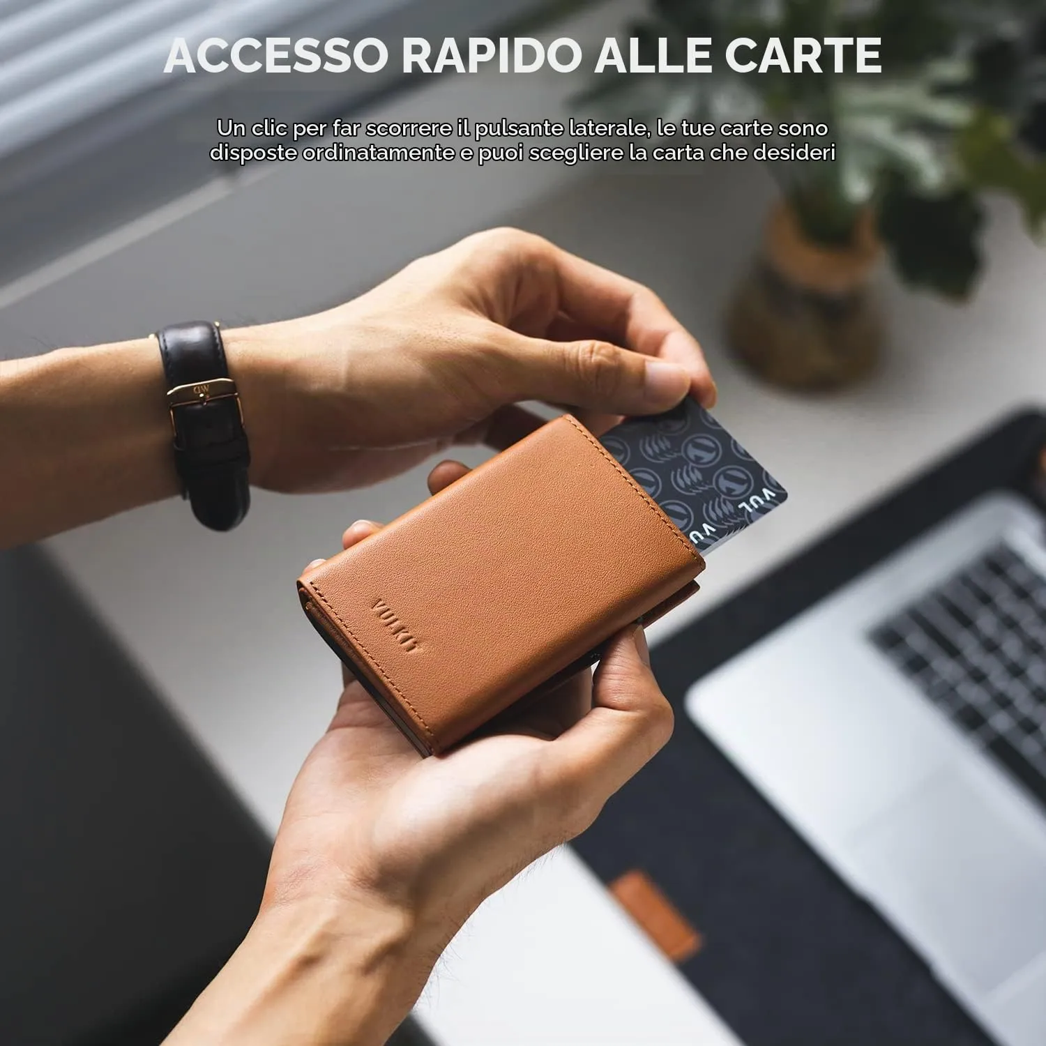 VULKIT Porta Carte Pop-up in Pelle di Vacchetta Pieno Fiore con Blocco RFID, Scomparto Banconote e Chiusura Magnetica - immagine 3