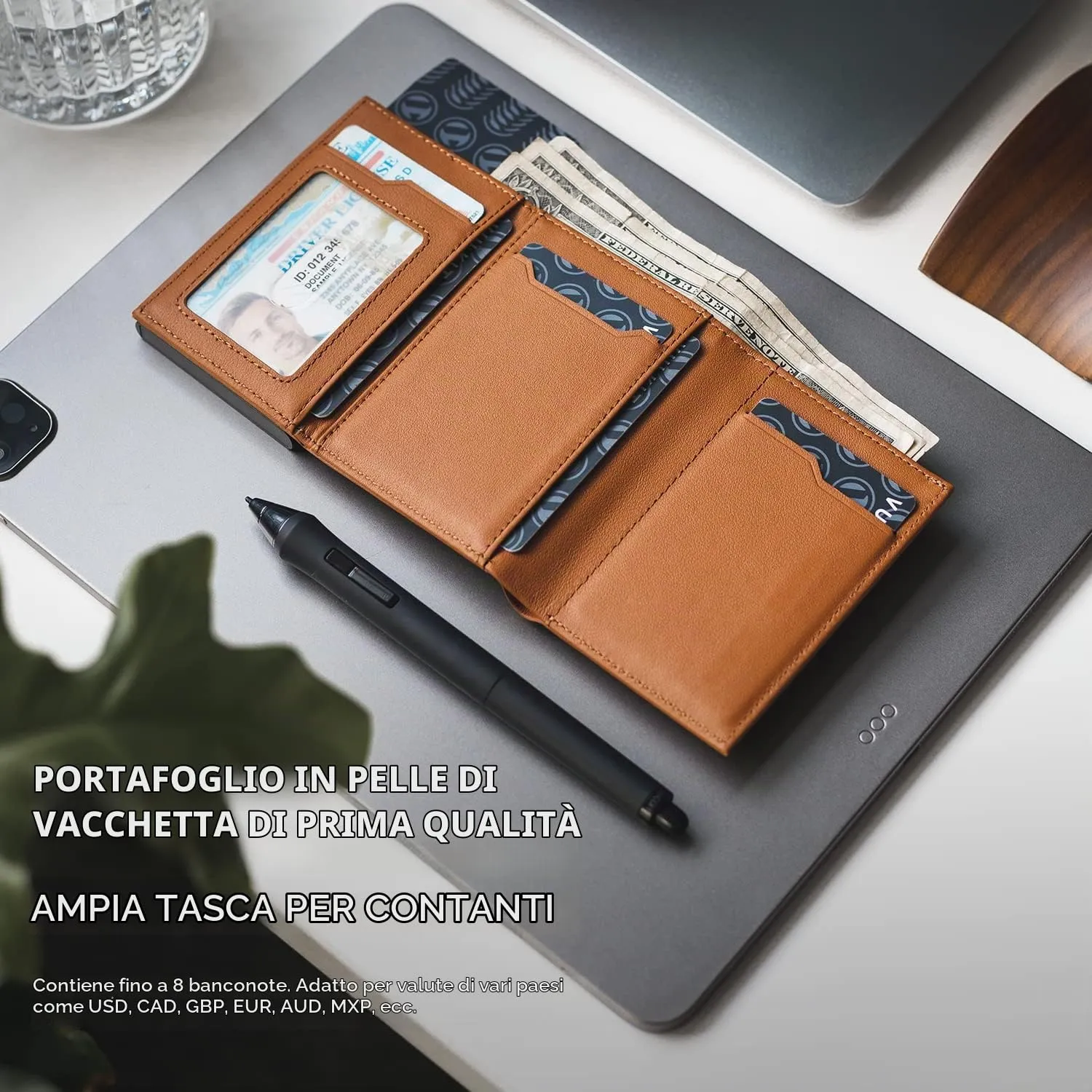 VULKIT Porta Carte Pop-up in Pelle di Vacchetta Pieno Fiore con Blocco RFID, Scomparto Banconote e Chiusura Magnetica - immagine 4