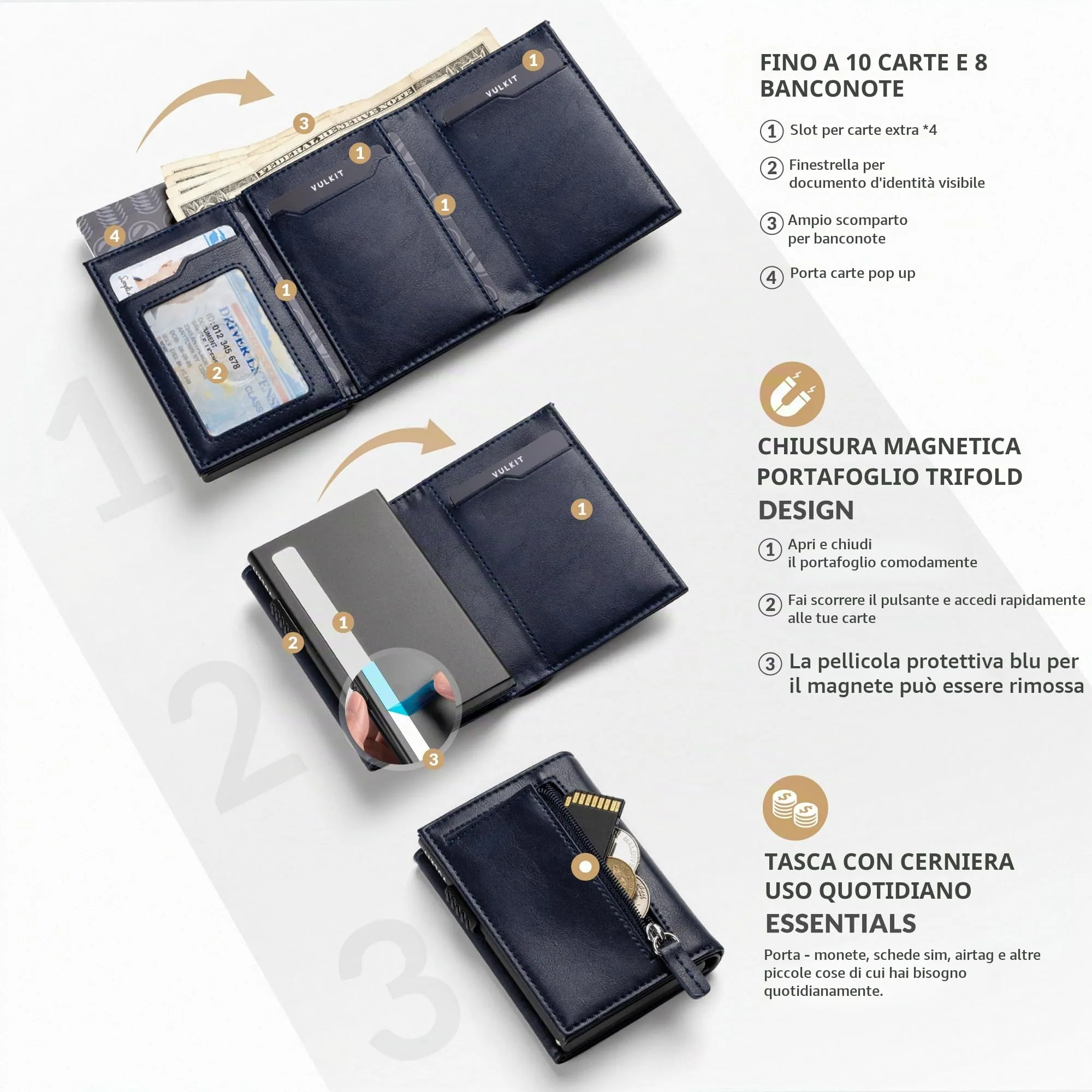 VULKIT Portafoglio Slim Portacarte in Pelle con Protezione RFID e Porta Monete - immagine 2