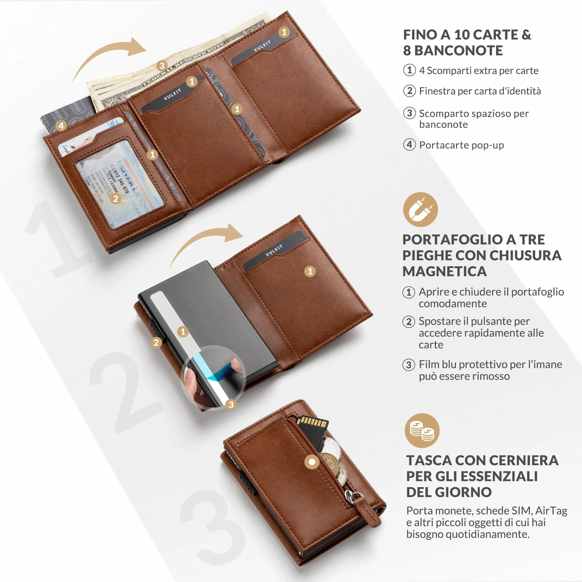 VULKIT Portafoglio Slim in Pelle con Protezione RFID e Porta Monete - immagine 2