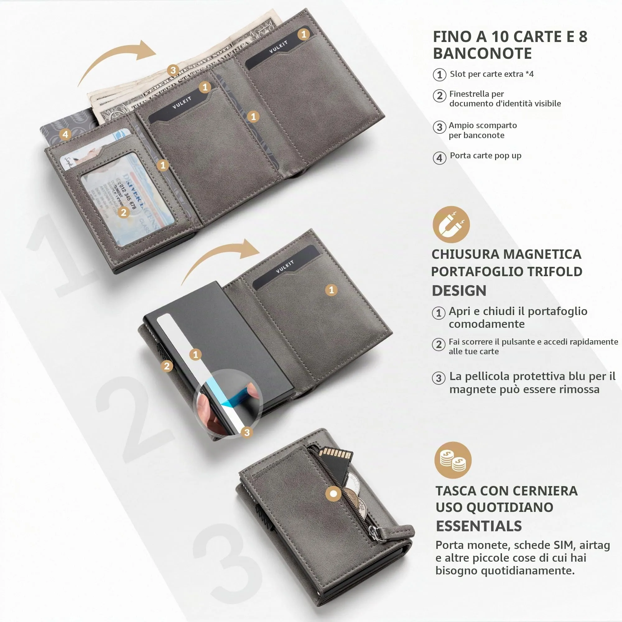 VULKIT Portafoglio Slim in Pelle con Protezione RFID e Porta Monete, VC302 - immagine 2