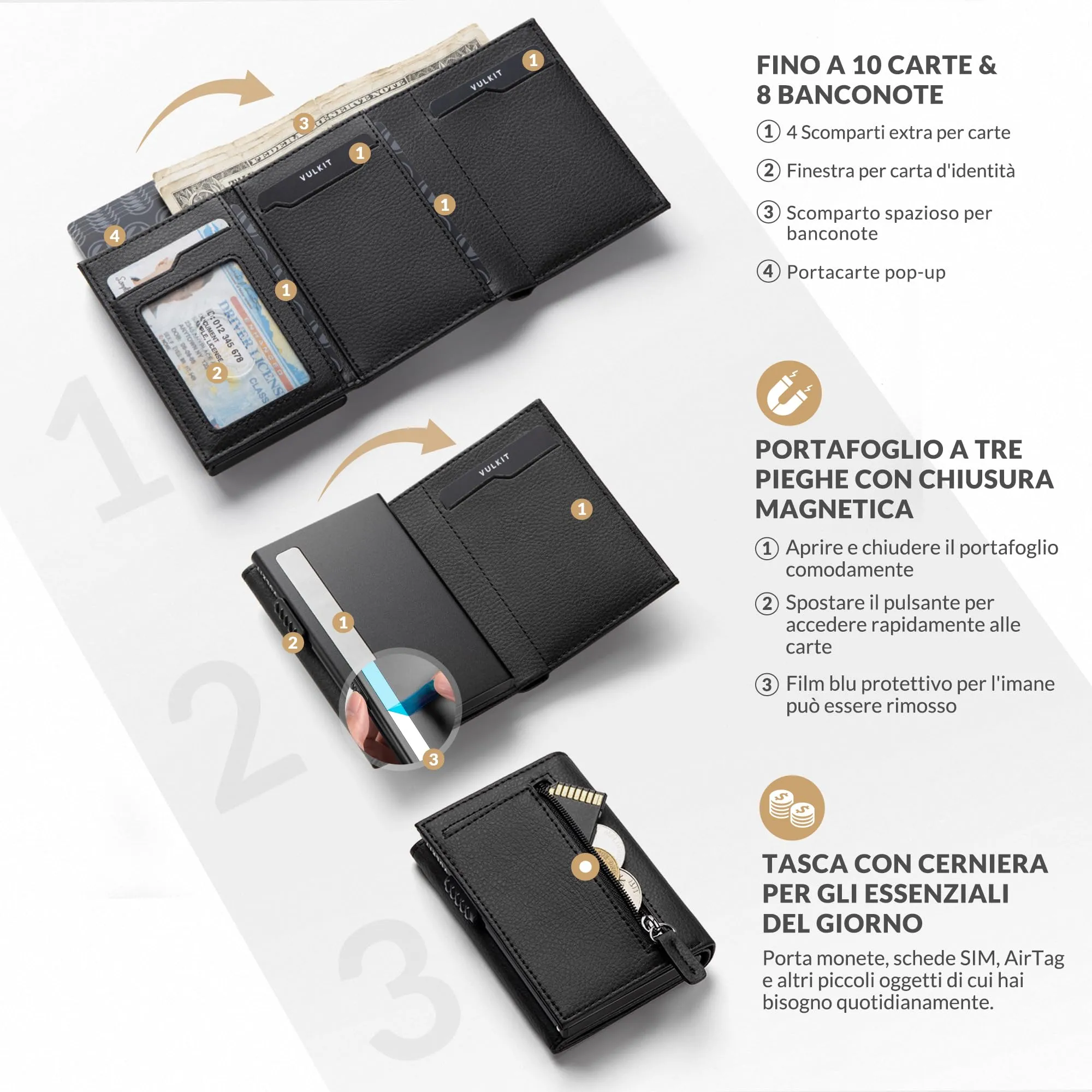 VULKIT Portafoglio Slim Portacarte in Pelle con Protezione RFID e Porta Monete VC302 - immagine 2