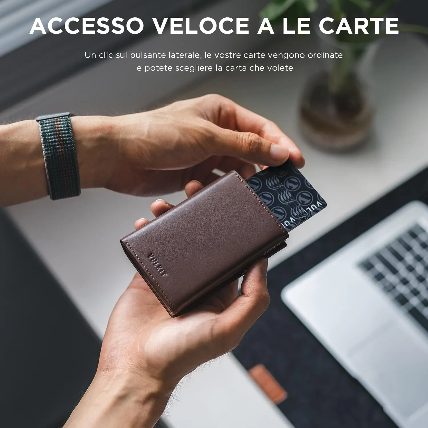 VULKIT Porta Carte Pop-up in Pelle di Vacchetta Pieno Fiore con Blocco RFID, Scomparto Banconote e Chiusura Magnetica - immagine 2