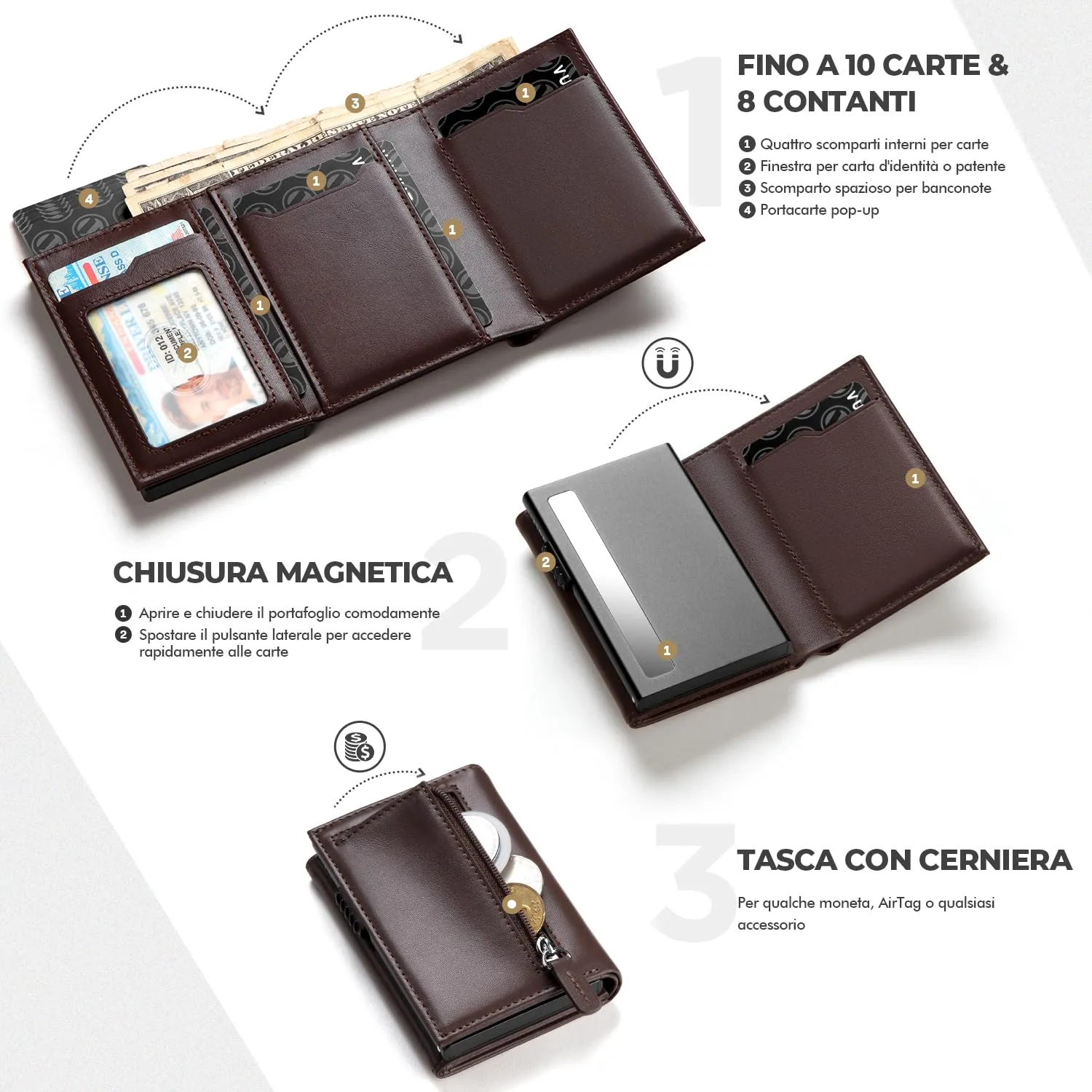 VULKIT Porta Carte Pop-up in Pelle di Vacchetta Pieno Fiore con Blocco RFID, Scomparto Banconote e Chiusura Magnetica - immagine 3