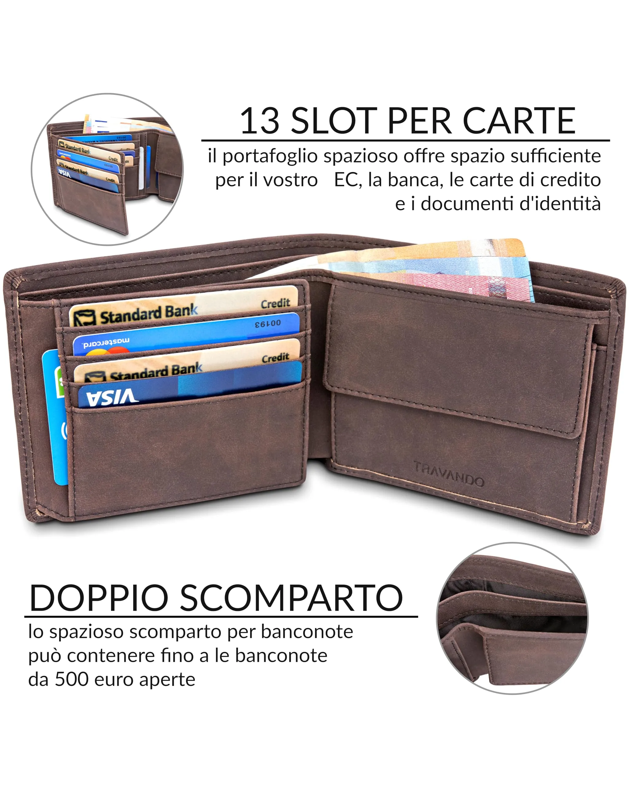 TRAVANDO Portafoglio Uomo Grande OSLO con protezione RFID, Marrone - immagine 2