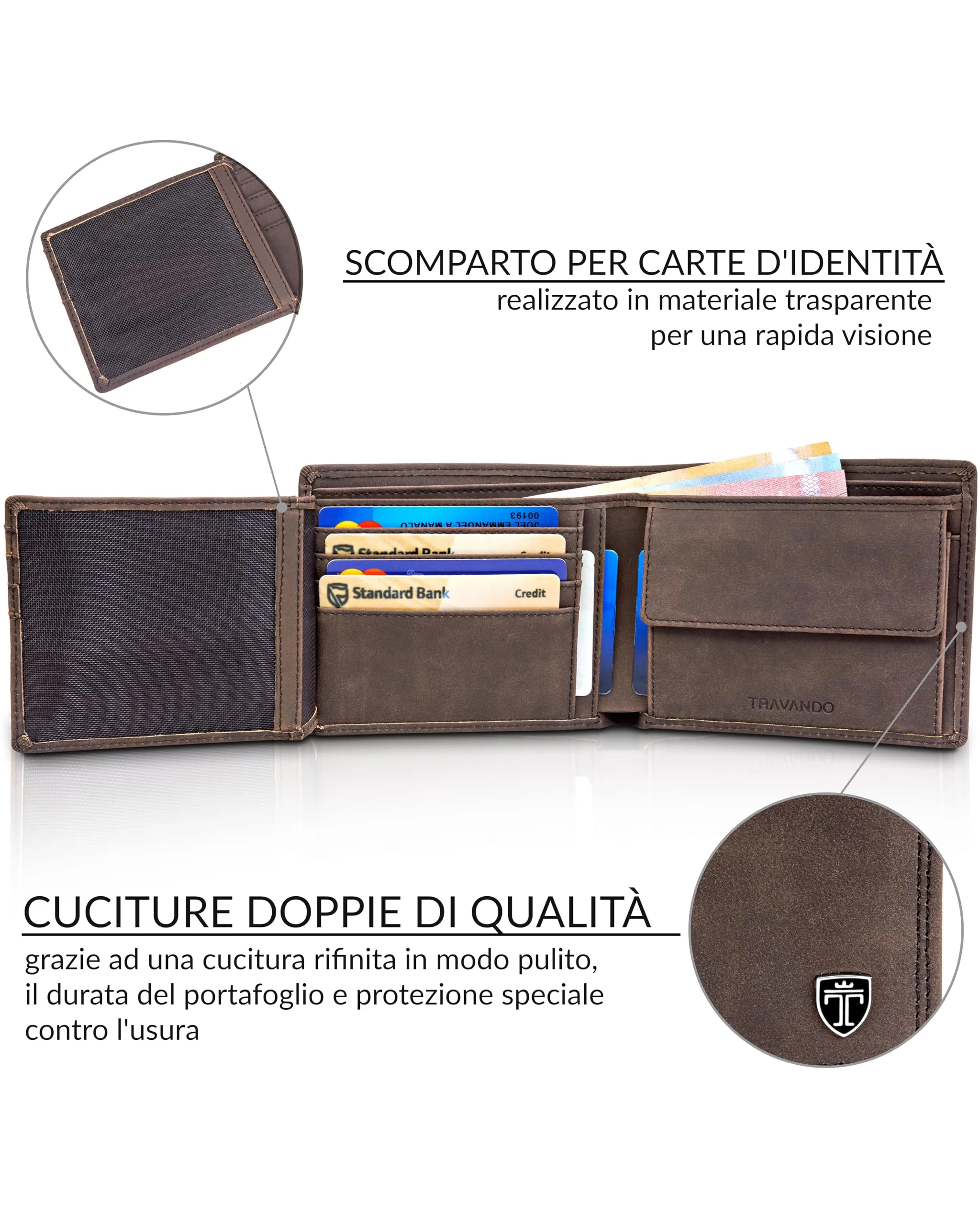 TRAVANDO Portafoglio Uomo Grande OSLO con protezione RFID, Marrone - immagine 3