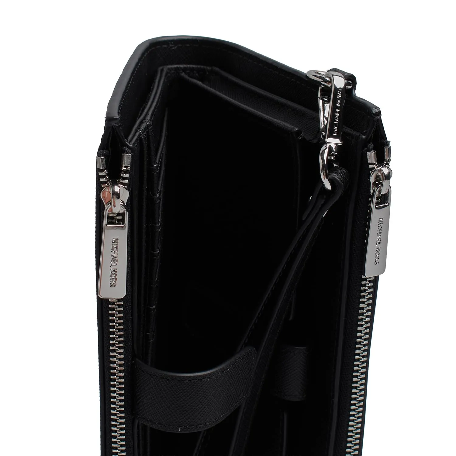 Michael Kors Jet Set Travel Portafoglio da viaggio con cinturino da polso e doppia cerniera da donna, Nero Saffiano/Argento Hardware, Medium - immagine 2