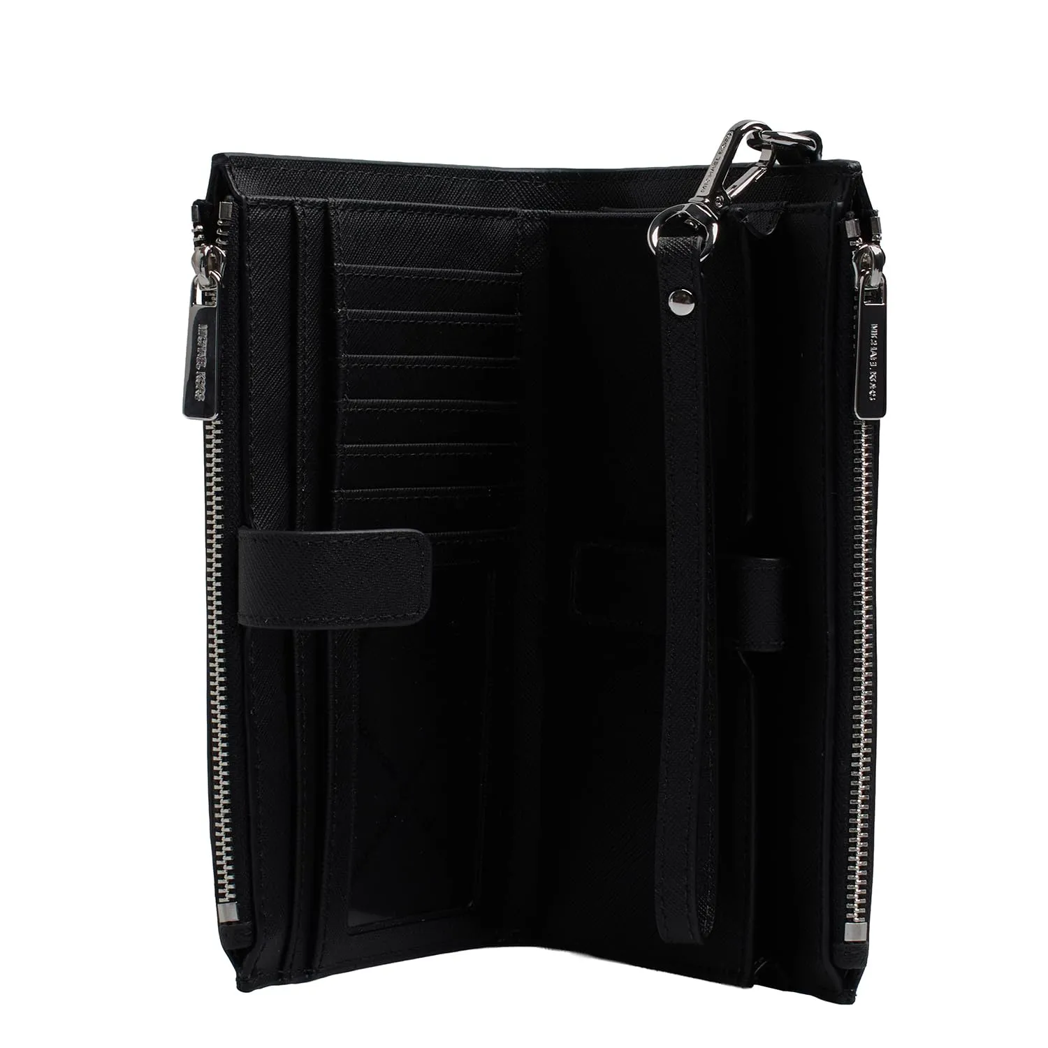 Michael Kors Jet Set Travel Portafoglio da viaggio con cinturino da polso e doppia cerniera da donna, Nero Saffiano/Argento Hardware, Medium - immagine 4