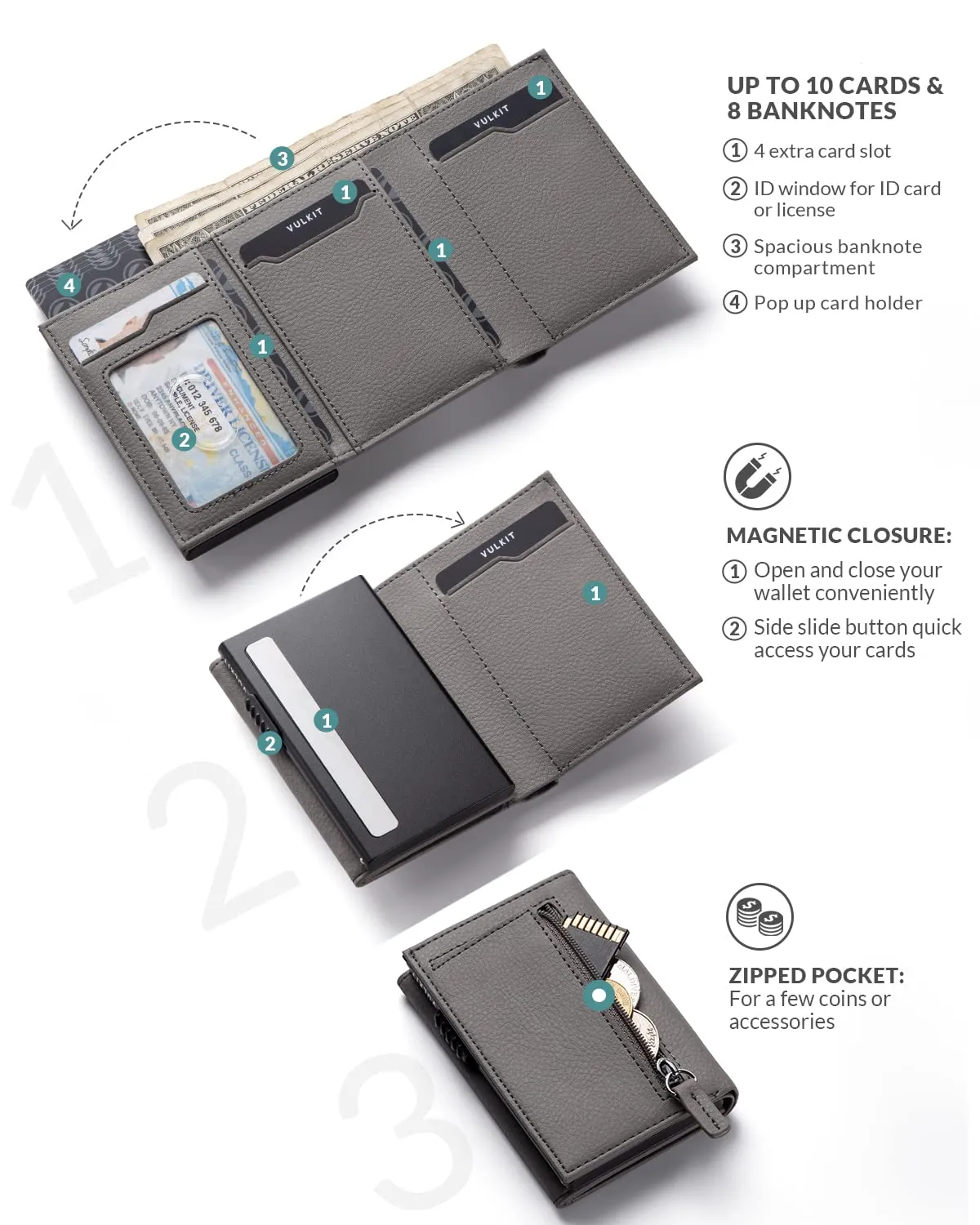 VULKIT Portafoglio Porta Carte Pop Up in Vera Pelle con Blocco RFID, Scomparto Banconote, Finestra ID e Tasca Monete, Grigio Grano - immagine 2