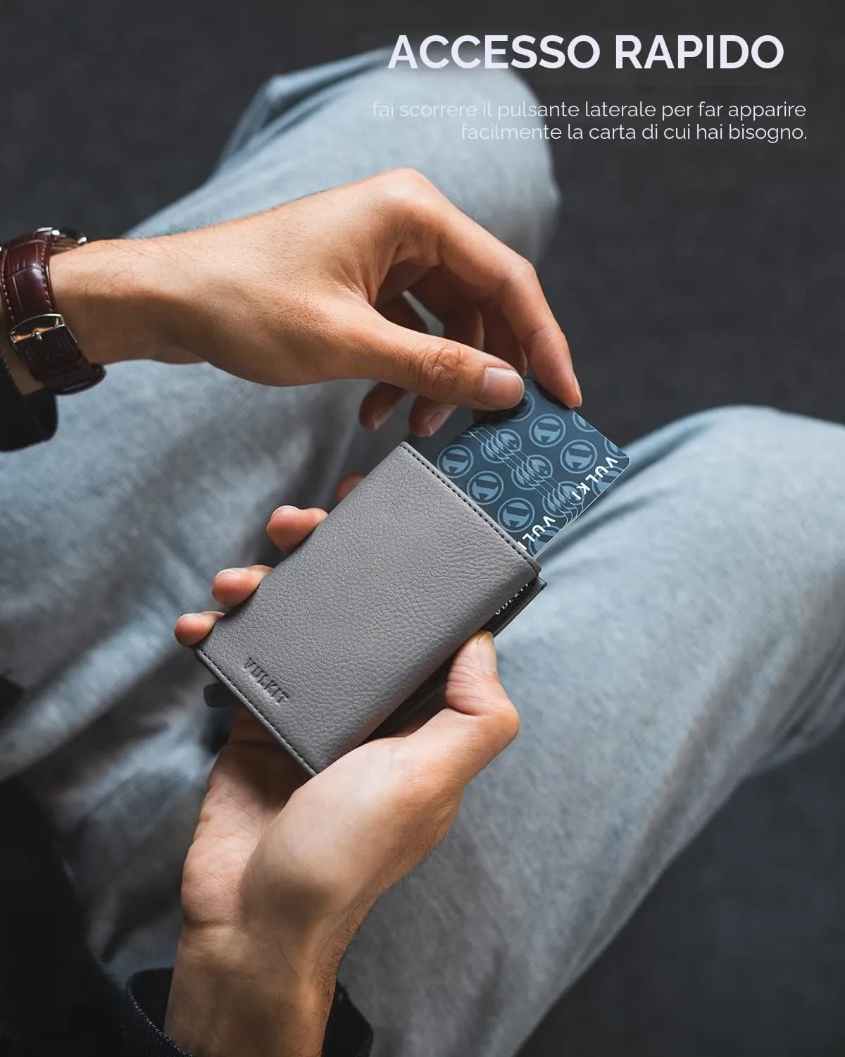 VULKIT Portafoglio Porta Carte Pop Up in Vera Pelle con Blocco RFID, Scomparto Banconote, Finestra ID e Tasca Monete, Grigio Grano - immagine 3