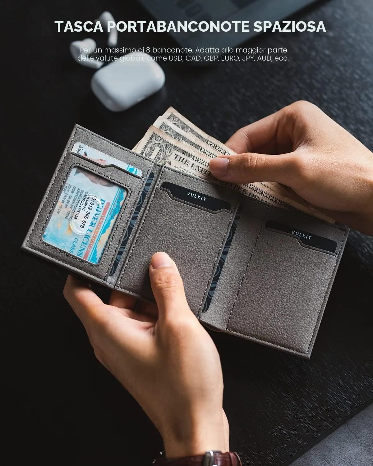 VULKIT Portafoglio Porta Carte Pop Up in Vera Pelle con Blocco RFID, Scomparto Banconote, Finestra ID e Tasca Monete, Grigio Grano - immagine 4