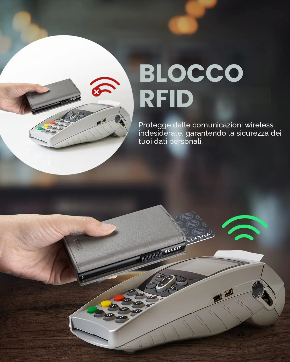 VULKIT Portafoglio Porta Carte Pop Up in Vera Pelle con Blocco RFID, Scomparto Banconote, Finestra ID e Tasca Monete, Grigio Grano - immagine 5