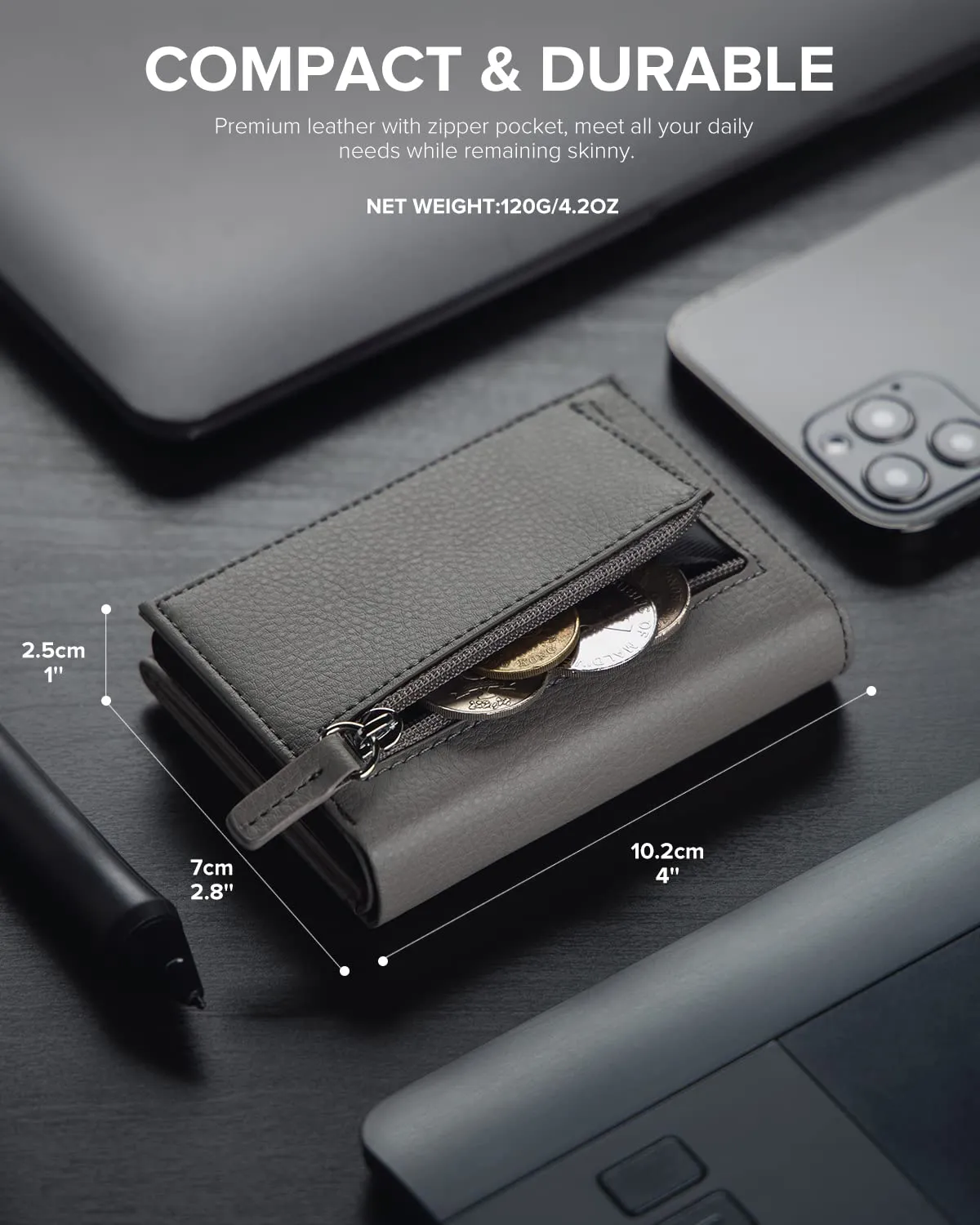 VULKIT Portafoglio Porta Carte Pop Up in Vera Pelle con Blocco RFID, Scomparto Banconote, Finestra ID e Tasca Monete, Grigio Grano - immagine 6