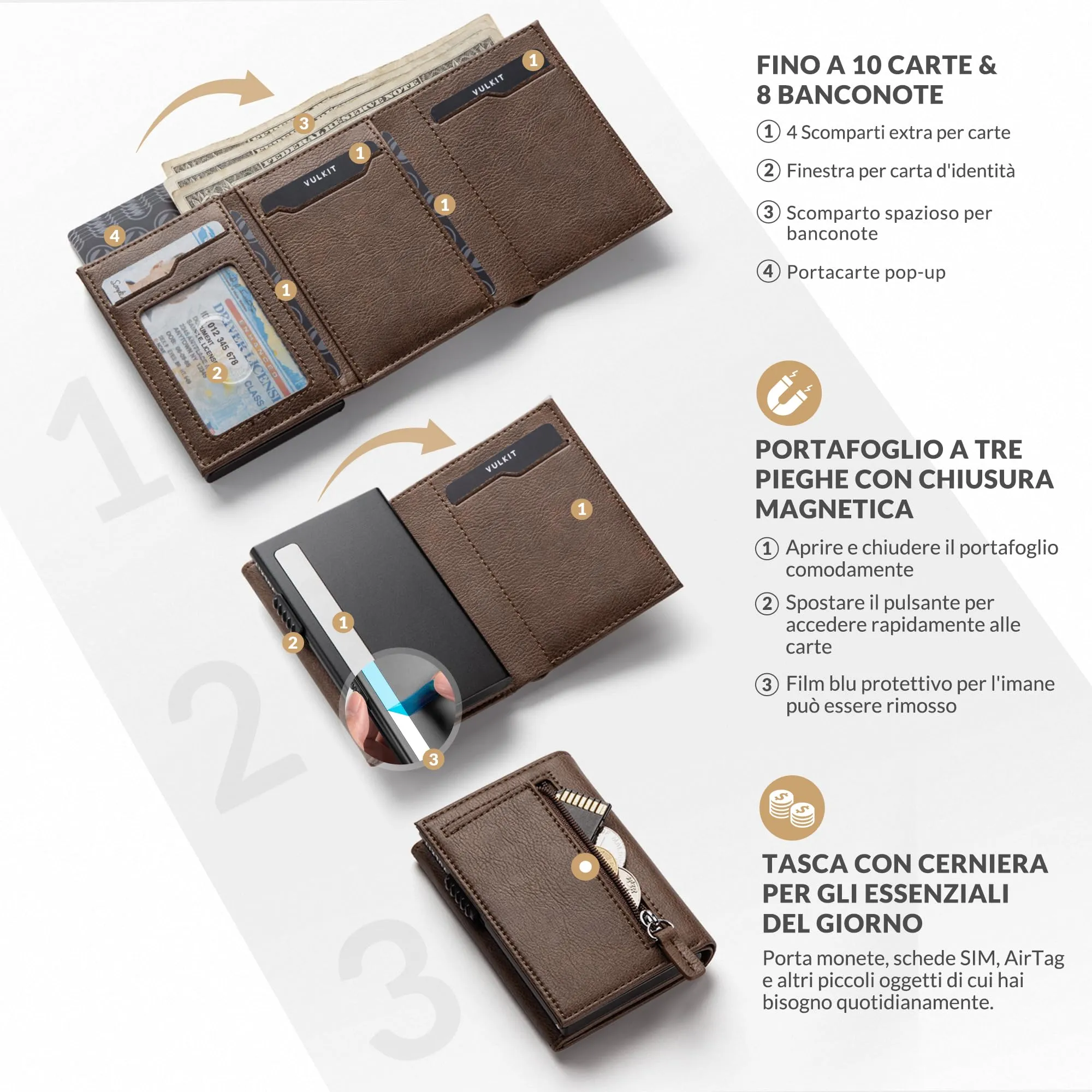 VULKIT Portafoglio Slim Portacarte in Pelle con Protezione RFID VC302 - immagine 2