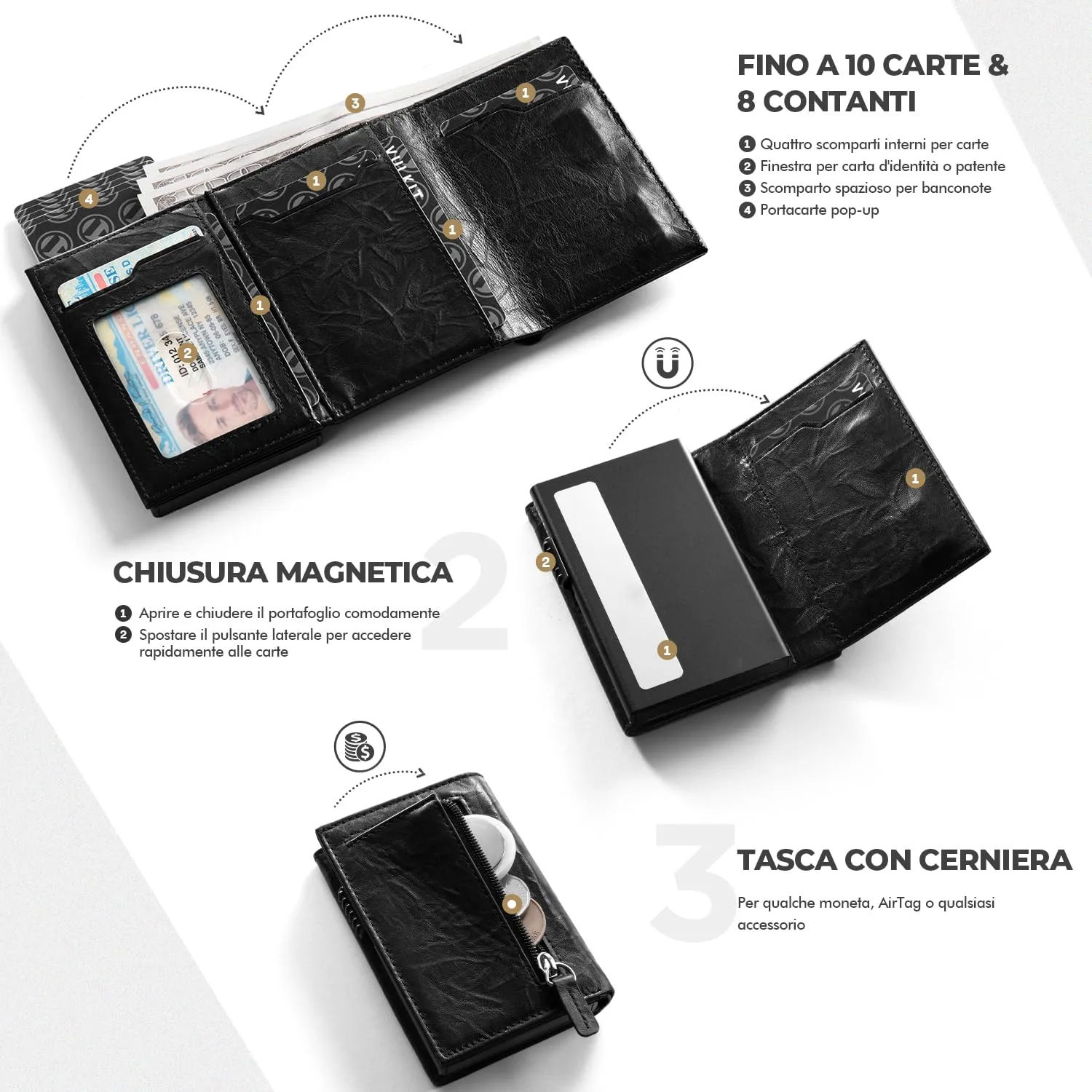 VULKIT Porta Carte in Pelle Prismatica con Blocco RFID, Scomparto Banconote e Chiusura Magnetica - immagine 3