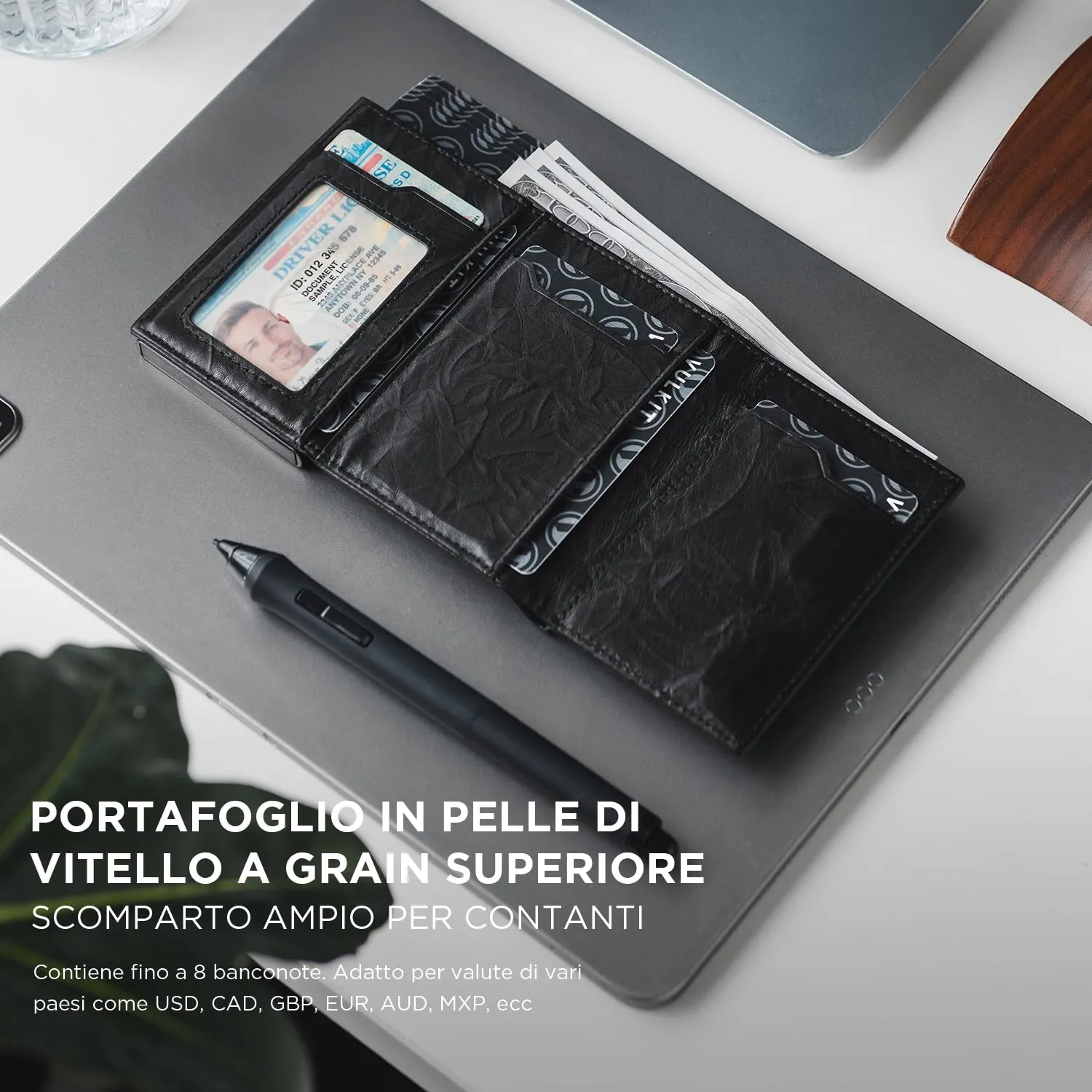 VULKIT Porta Carte in Pelle Prismatica con Blocco RFID, Scomparto Banconote e Chiusura Magnetica - immagine 4