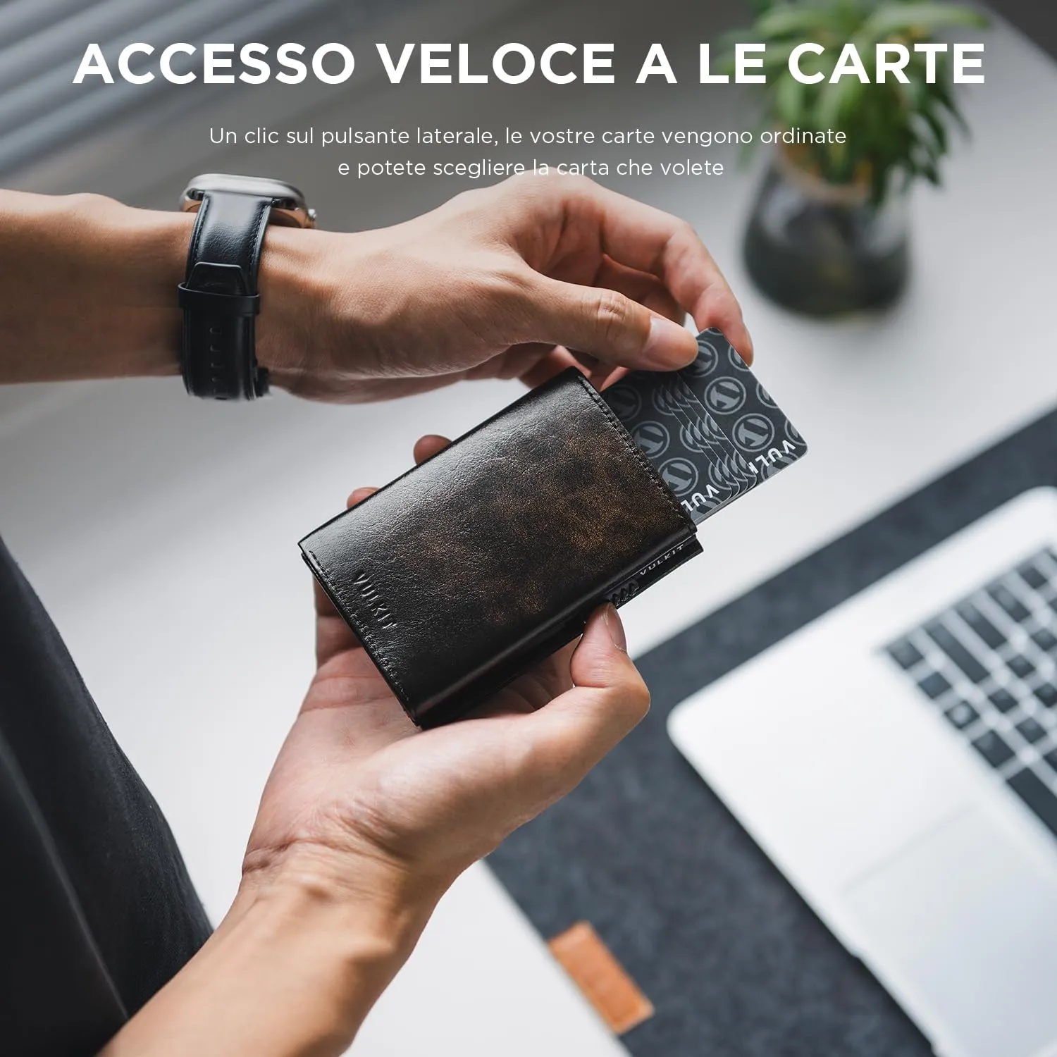 VULKIT Porta Carte Credito in Pelle RFID Texture Industrial Metallique con Scomparto Banconote e Chiusura Magnetica - immagine 2