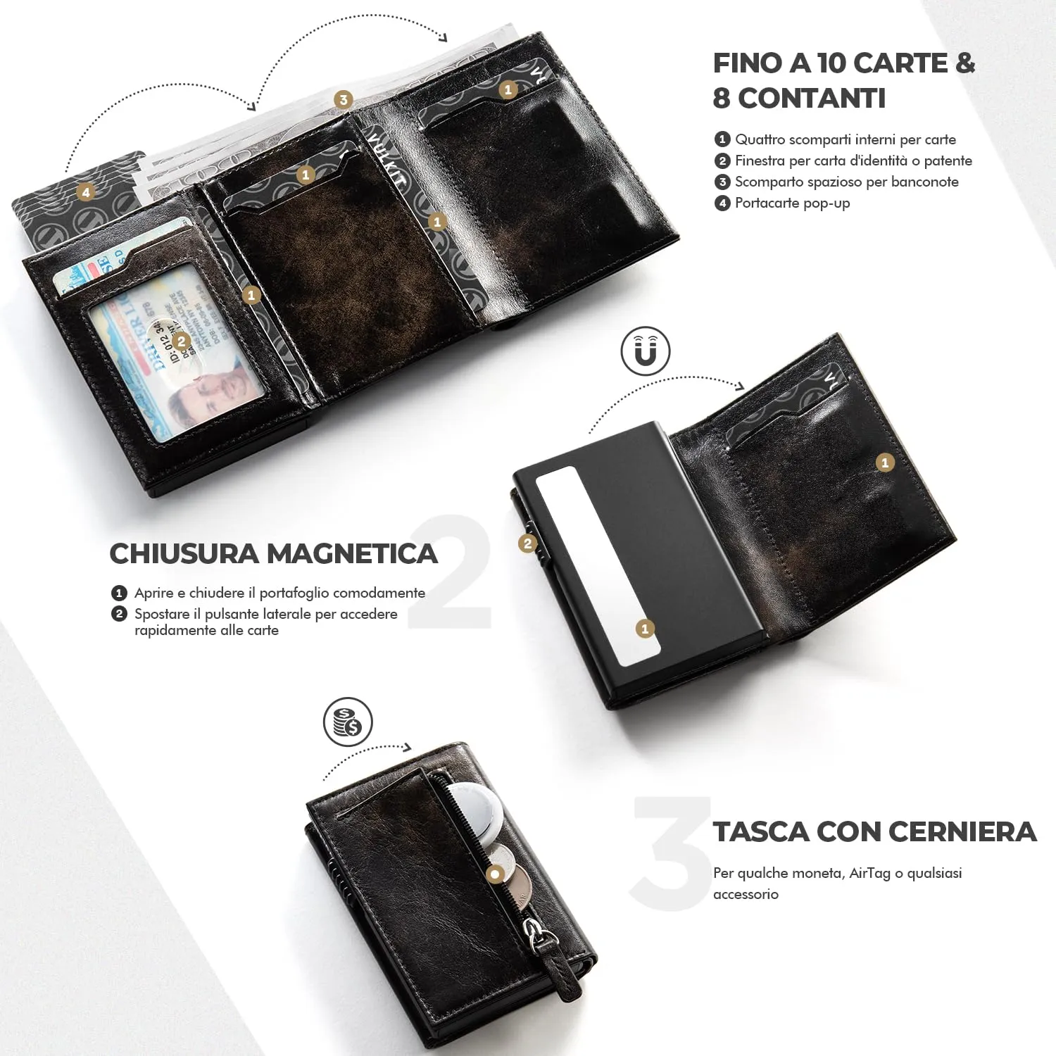 VULKIT Porta Carte Credito in Pelle RFID Texture Industrial Metallique con Scomparto Banconote e Chiusura Magnetica - immagine 3