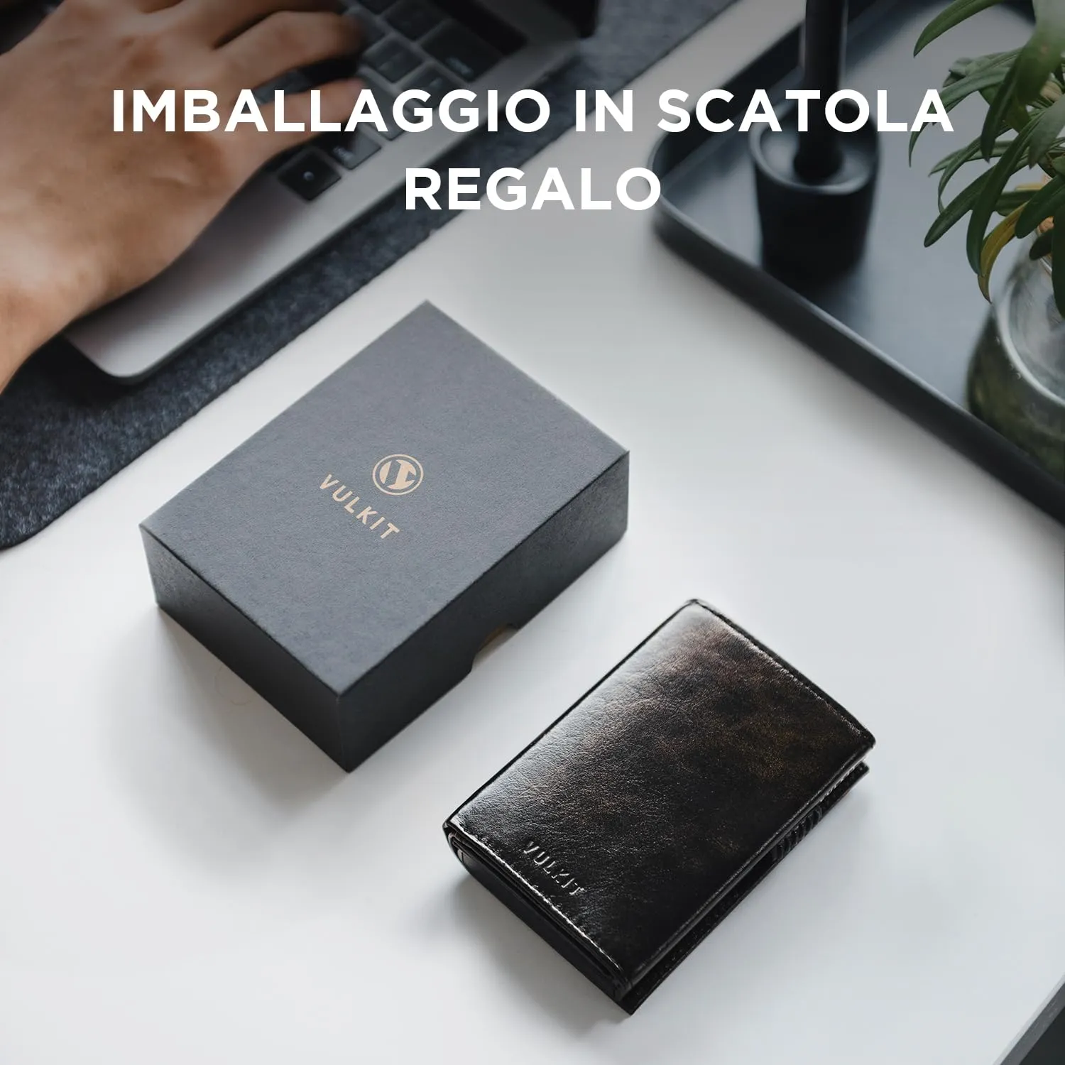 VULKIT Porta Carte Credito in Pelle RFID Texture Industrial Metallique con Scomparto Banconote e Chiusura Magnetica - immagine 6