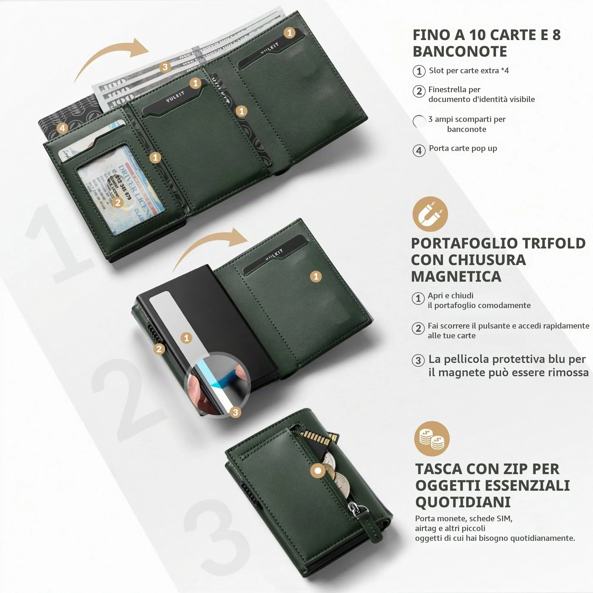 VULKIT Portafoglio Slim Portacarte in Pelle con Protezione RFID e Porta Monete VC302 - immagine 2