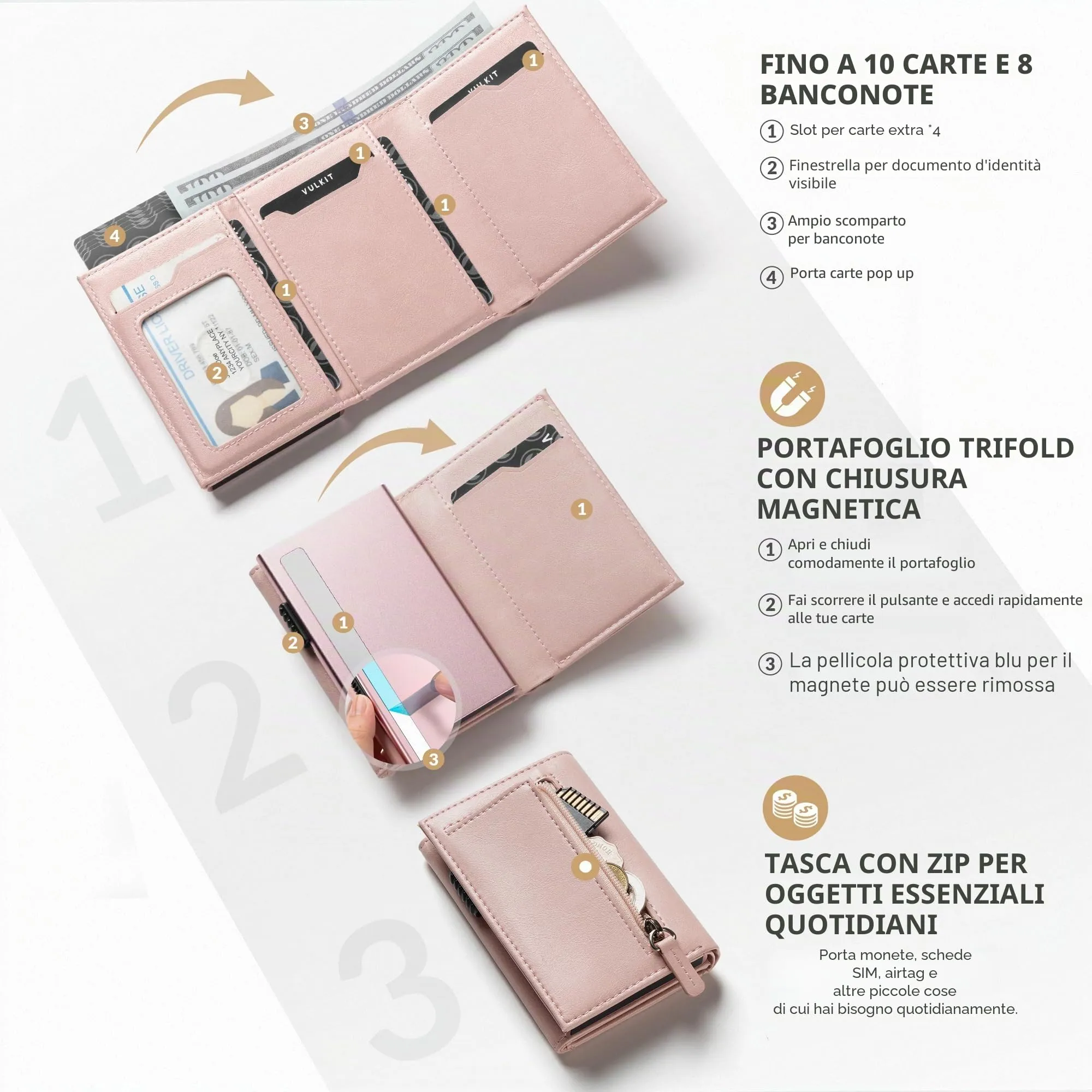 VULKIT Portafoglio Slim Portacarte in Pelle con Protezione RFID VC302 - immagine 2