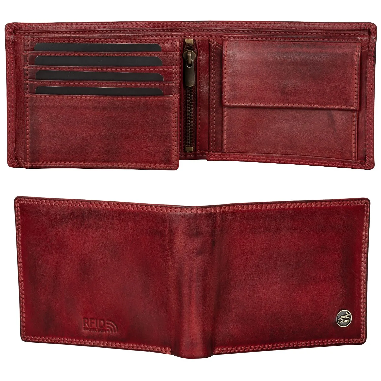 Fa.Volmer Portafoglio da uomo in pelle con protezione RFID, Rosso Bordeaux - immagine 5