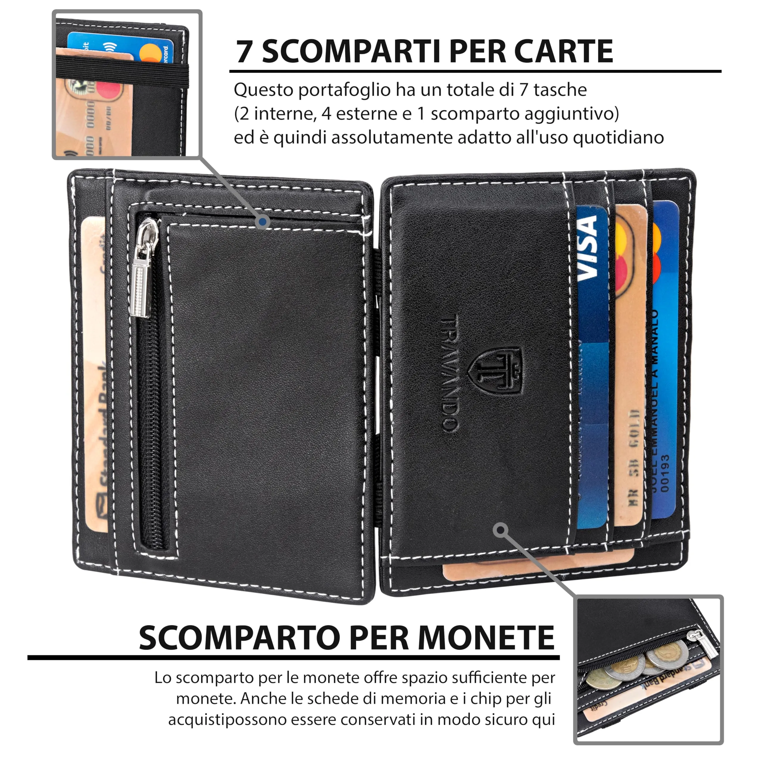 TRAVANDO Magic Wallet Portafoglio da Uomo Slim con Protezione RFID e Portamonete - immagine 2