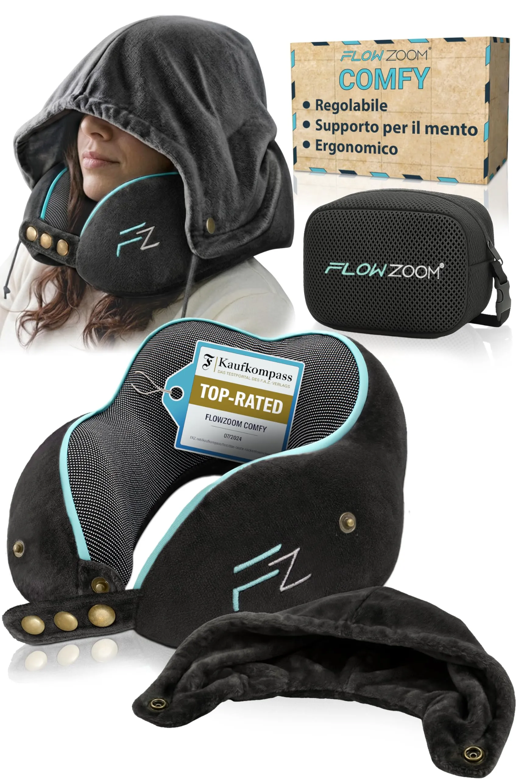 FLOWZOOM Comfy Cuscino da Viaggio con Cappuccio in Schiuma Memory - Nero - immagine 1