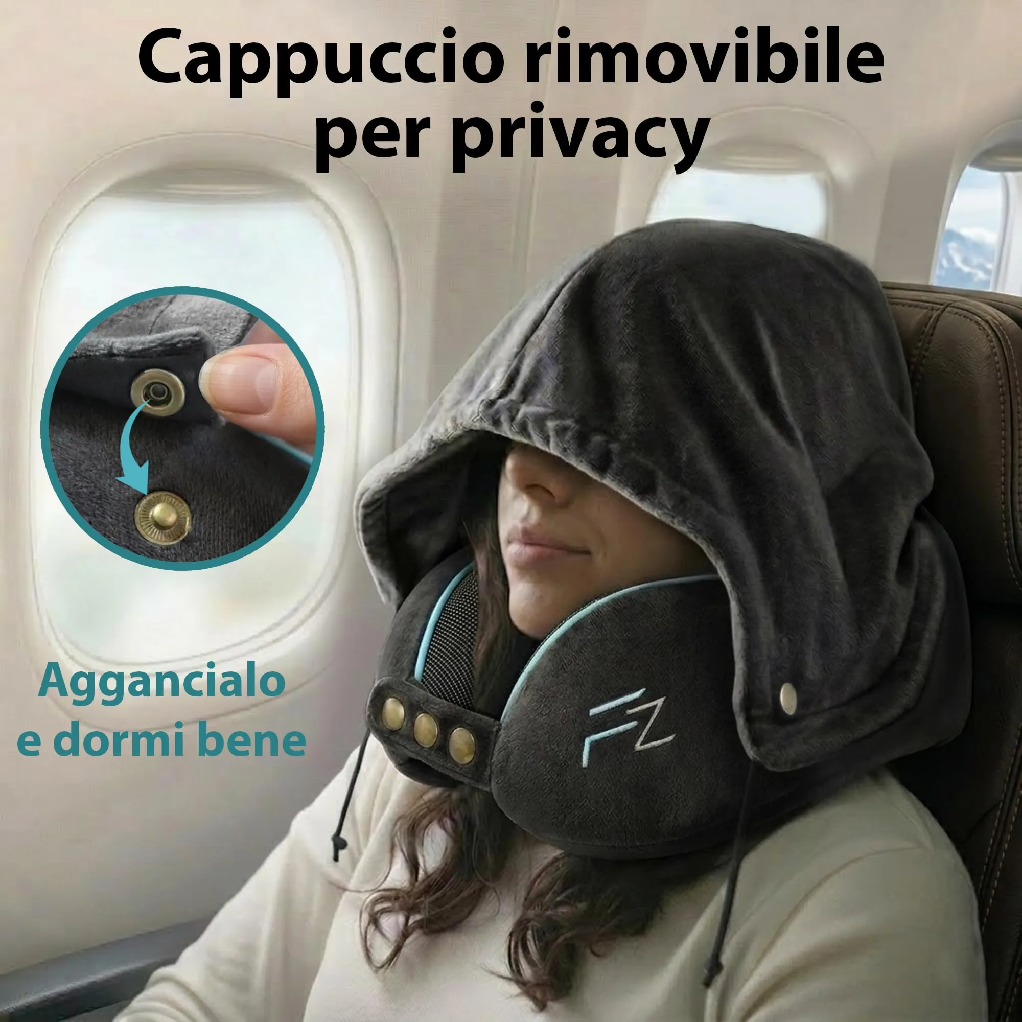 FLOWZOOM Comfy Cuscino da Viaggio con Cappuccio in Schiuma Memory - Nero - immagine 2