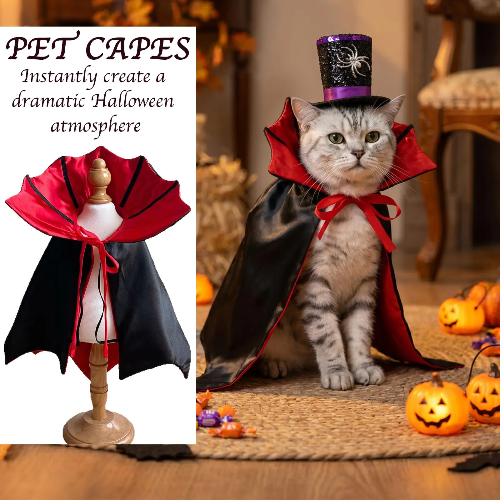 KASESSS Mantello da Vampiro per Cane e Gatto, Colletto Alto, 30x54 cm, Rosso - immagine 5