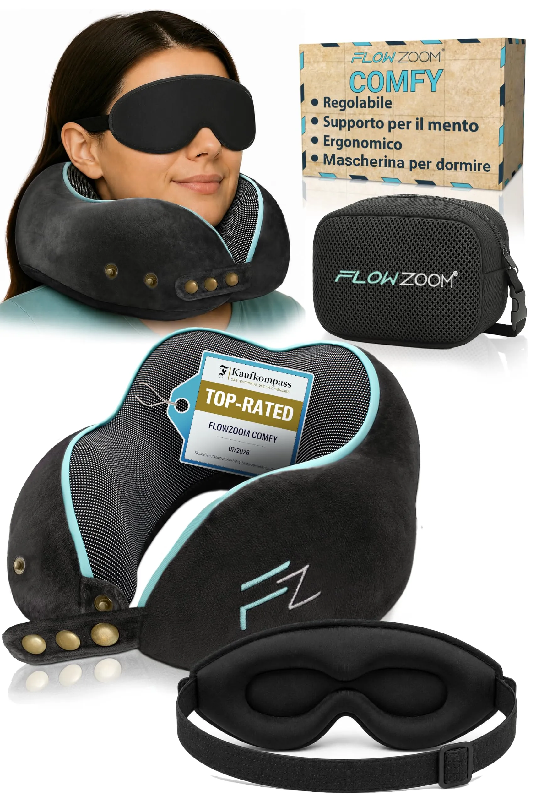 FLOWZOOM Comfy Cuscino da Viaggio con Maschera per Dormire 3D, Nero - immagine 1