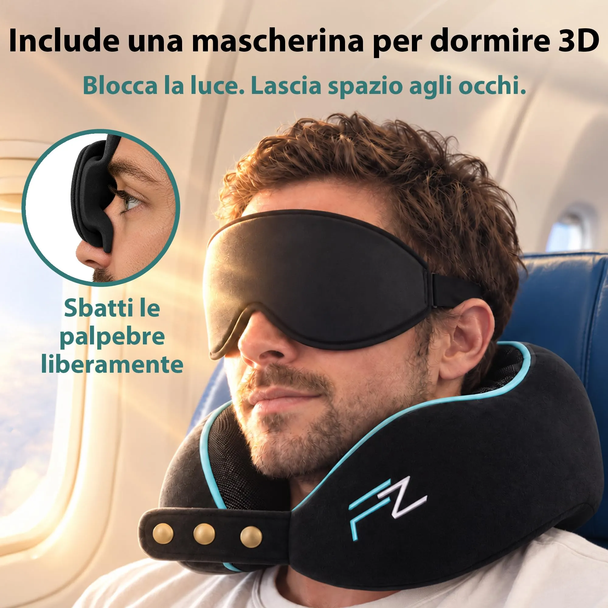 FLOWZOOM Comfy Cuscino da Viaggio con Maschera per Dormire 3D, Nero - immagine 2