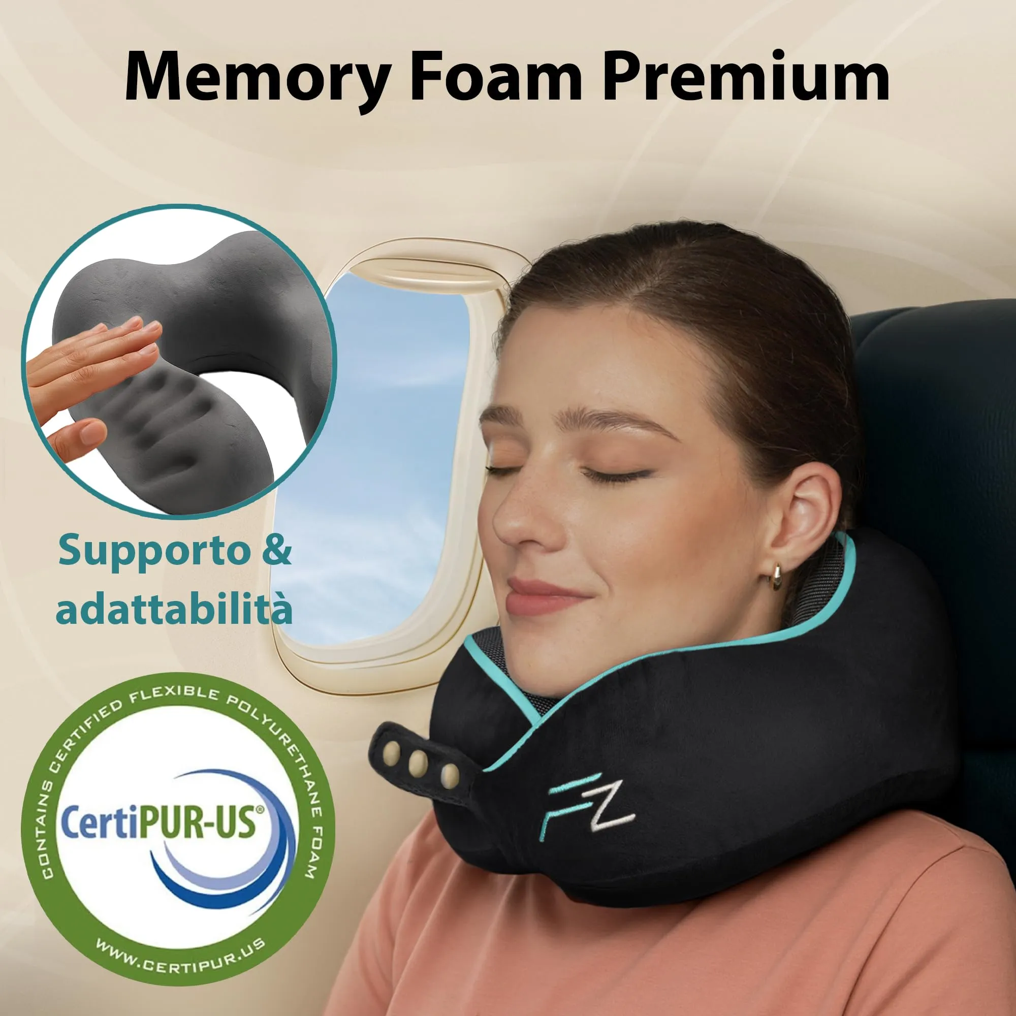 FLOWZOOM Comfy Cuscino da Viaggio con Maschera per Dormire 3D, Nero - immagine 8