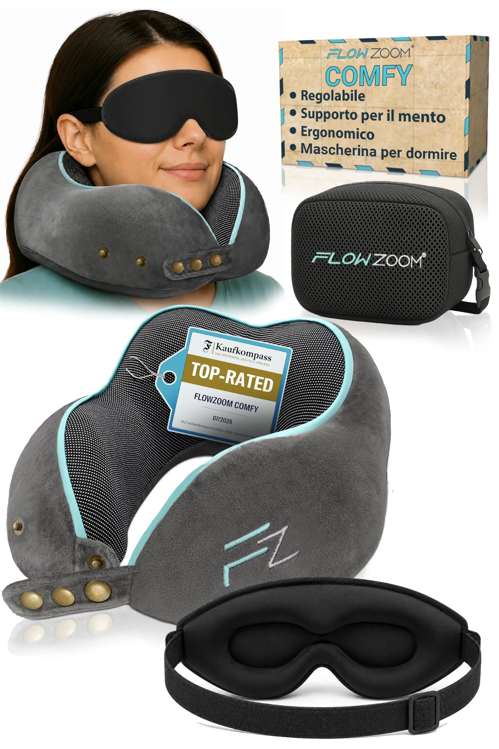 FLOWZOOM Comfy Cuscino da Viaggio con Maschera per Dormire 3D, Grigio - immagine 1