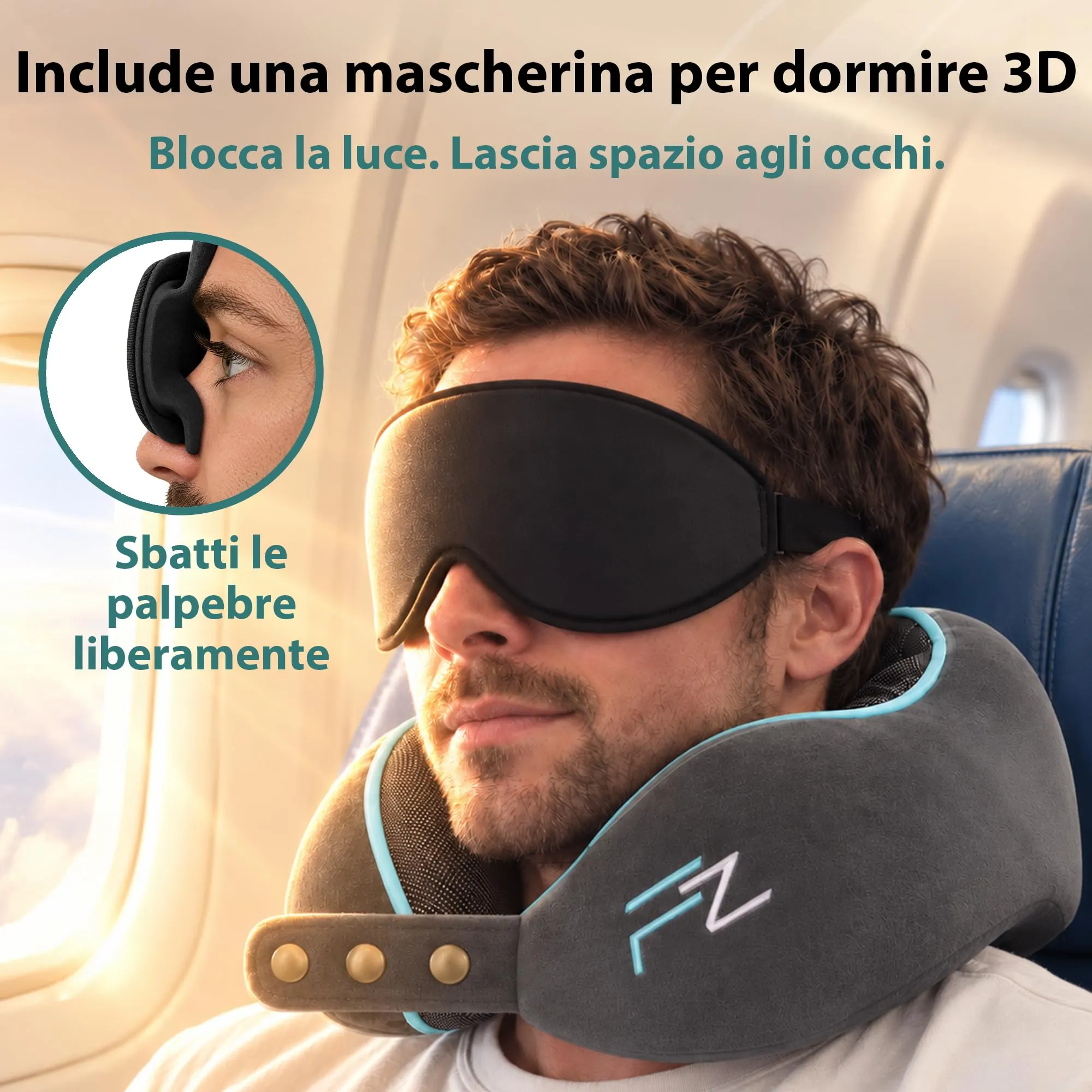 FLOWZOOM Comfy Cuscino da Viaggio con Maschera per Dormire 3D, Grigio - immagine 2