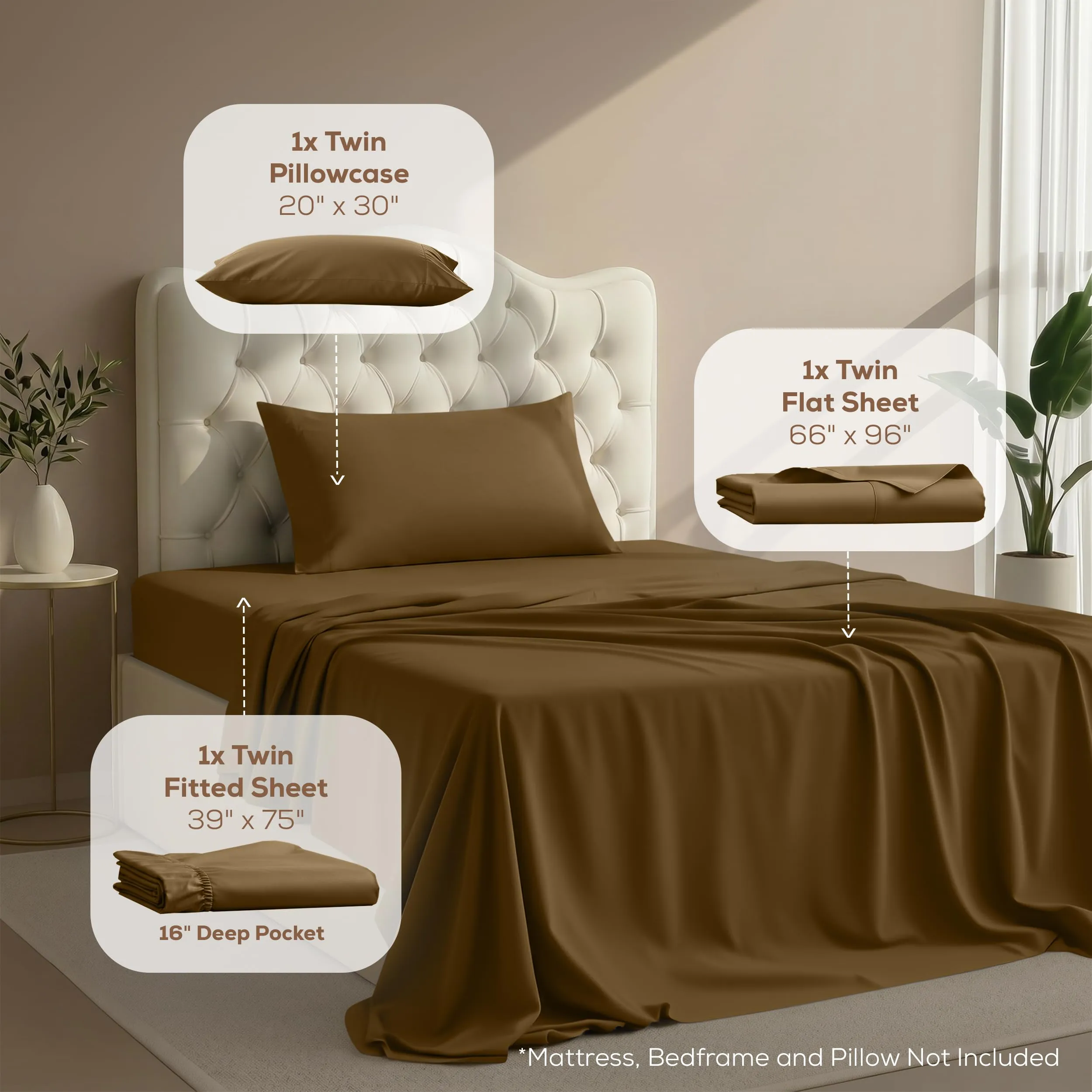 Utopia Bedding Set di lenzuola per letto singolo, 3 pezzi, microfibra, moka - immagine 2