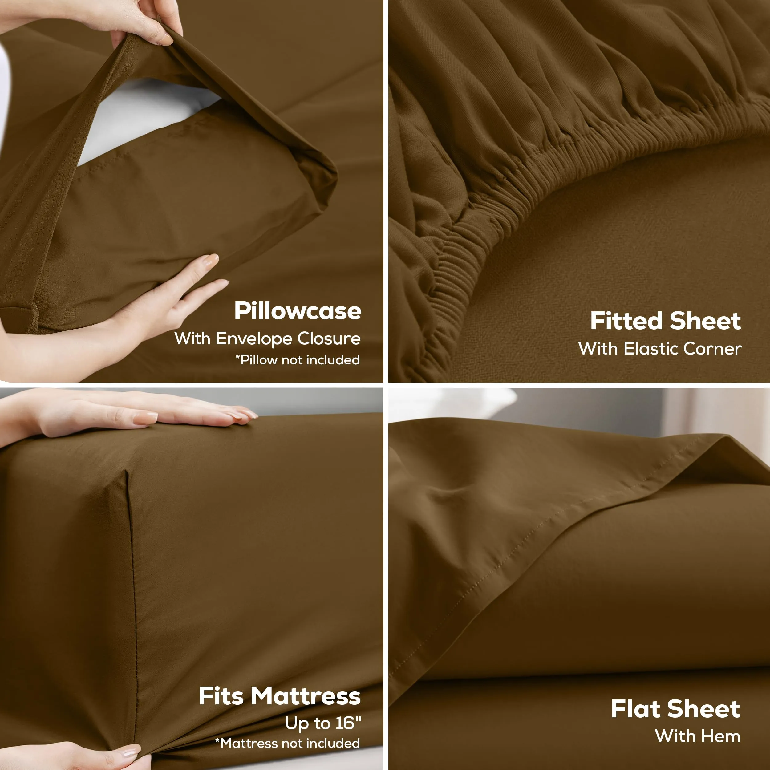 Utopia Bedding Set di lenzuola per letto singolo, 3 pezzi, microfibra, moka - immagine 3