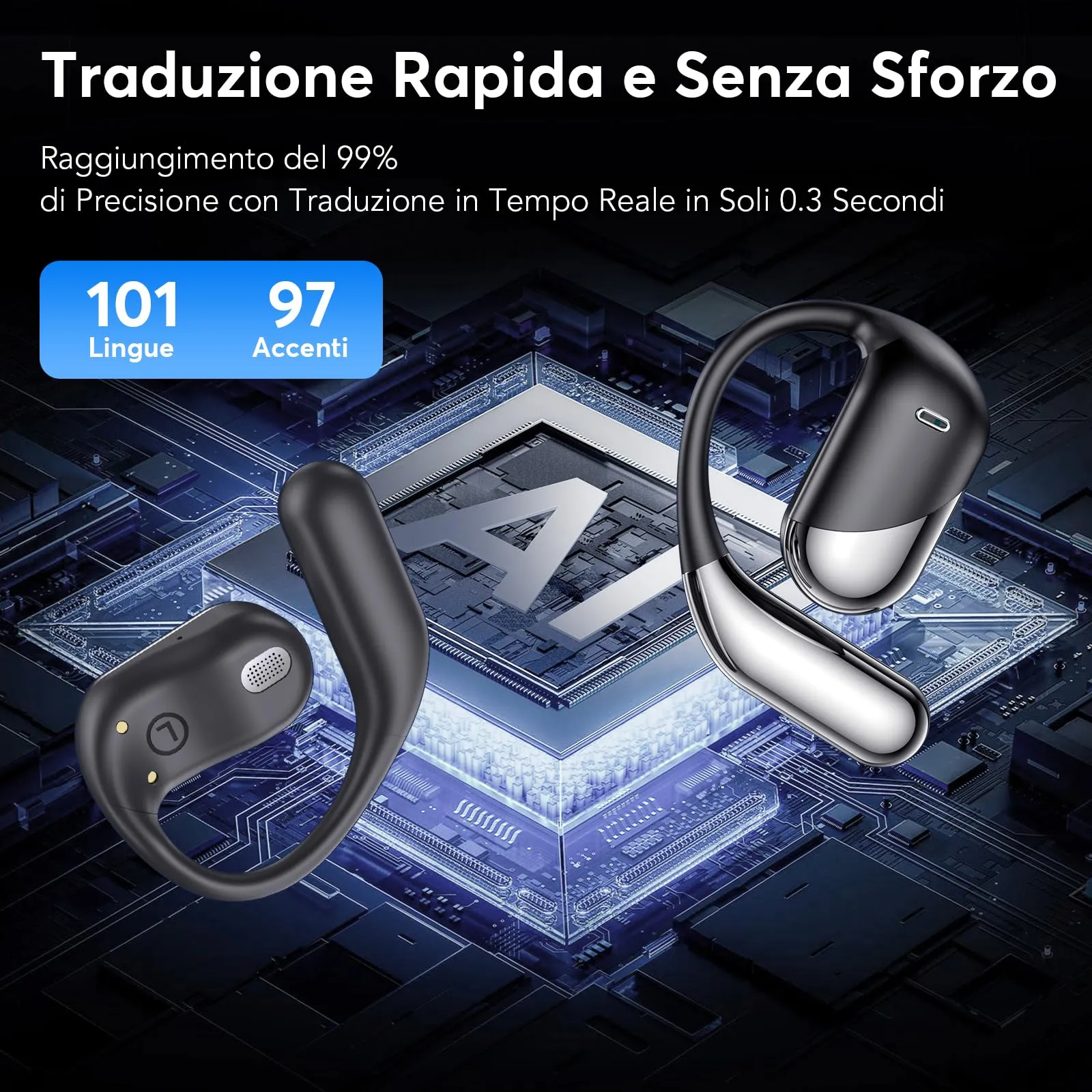 Paekole Q16Pro AI H3 Cuffie Traduzione Simultanea Bluetooth 6.1 Wireless Open-Ear - immagine 2